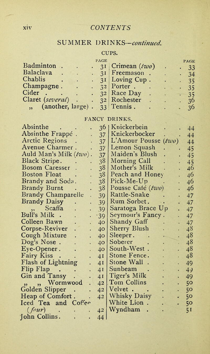 SUMMER DRINKS—continued. Badminton . CUPS. PAGE PAGE • 31 Crimean {two) • 33 Balaclava • 31 Freemason . • 34 Chablis • 31 Loving Cup . • 35 Champagne . • 32 Porter . • 35 Cider . • 32 Race Day ■ 35 Claret {several) . • 32 Rochester • 36 „ (another, large) • 33 Tennis . * 36 FANCY DRINKS. Absinthe 36 Knickerbein 44 Absinthe Frappe . 37 Knickerbocker 44 Arctic Regions 37 L’Amour Pousse {two) 44 Avenue Charmer . 37 Lemon Squash 45 Auld Man’s Milk {two). 37 Maiden’s Blush . 45 Black Stripe. 38 Morning Call 45 Bosom Caresser . 38 Mother’s Milk 46 Boston Float 38 Peach and Honey 46 Brandy and Soda. 38 Pick-Me-Up 46 Brandy Burnt 38 Pousse Cafe {two) 46 Brandy Champarelle 39 Rattle-Snake 47 Brandy Daisy 39 Rum Sorbet. 47 ,, Scaffa 39 Saratoga Brace Up 47 Bull’s Milk . •39 Seymour’s Fancy . 47 Colleen Bawn 40 Shandy Gaff 47 Corpse-Reviver . 40 Sherry Blush 48 Cough Mixture 40 Sleeper. 48 Dog’s Nose . 40 Soberer 48 Eye-Opener. 40 South-West . 48 Fairy Kiss . 4i Stone Fence. 48 Flash of Lightning 4i Stone Wall . 49 Flip Flap 4i Sunbeam 49 Gin and Tansy . 4i Tiger’s Milk 49 „ „ Wormwood . 42 Tom Collins 50 Golden Slipper . 42 Velvet .... 5° Heap of Comfort . 42 Whisky Daisy 50 Iced Tea and Coffee White Lion . 50 {four) 42 Wyndham . 5i John Collins. 44