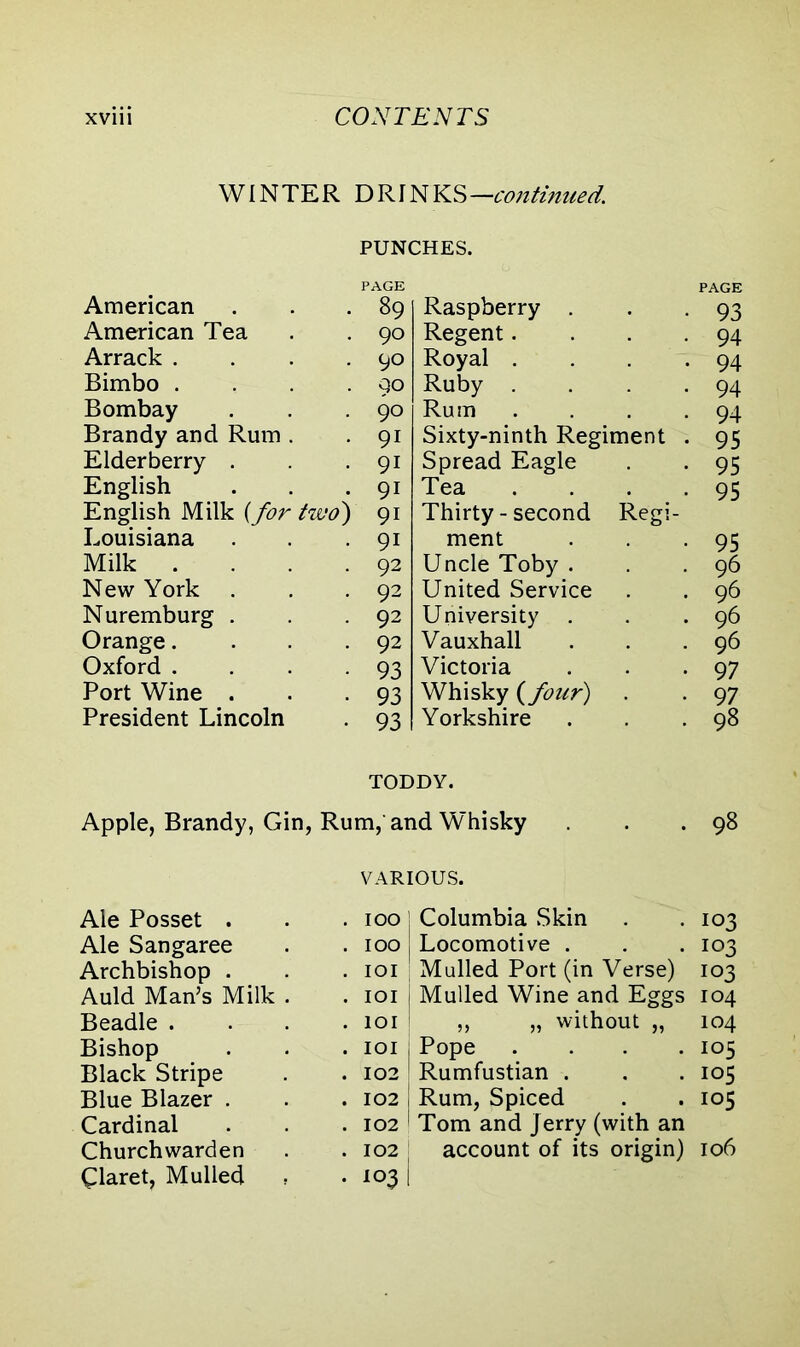 WINTER DRINKS —continued. PUNCHES. PAGE PAGE American 89 Raspberry . 93 American Tea 90 Regent. 94 Arrack .... 90 Royal . 94 Bimbo . 90 Ruby 94 Bombay 90 Rum 94 Brandy and Rum . 9i Sixty-ninth Regiment . 95 Elderberry . 9i Spread Eagle 95 English 9i Tea 95 English Milk (for two) 9i Thirty - second Regi- Louisiana 9i ment 95 Milk . 92 Uncle Toby . 96 New York . 92 United Service 96 Nuremburg . 92 University 96 Orange.... 92 Vauxhall 96 Oxford .... 93 Victoria 97 Port Wine . 93 Whisky (four) 97 President Lincoln 93 Yorkshire 98 TODDY. Apple, Brandy, Gin, Rum, and Whisky • 98 VARIOUS. Ale Posset . IOO Columbia Skin 103 Ale Sangaree IOO Locomotive . 103 Archbishop . IOI Mulled Port (in Verse) 103 Auld Man’s Milk . IOI Mulled Wine and Eggs 104 Beadle .... IOI „ „ without „ 104 Bishop IOI Pope 105 Black Stripe 102 Rumfustian . 105 Blue Blazer . 102 Rum, Spiced . 105 Cardinal 102 Tom and jerry (with an Churchwarden 102 account of its origin) 106 Claret, Mulled 103 1