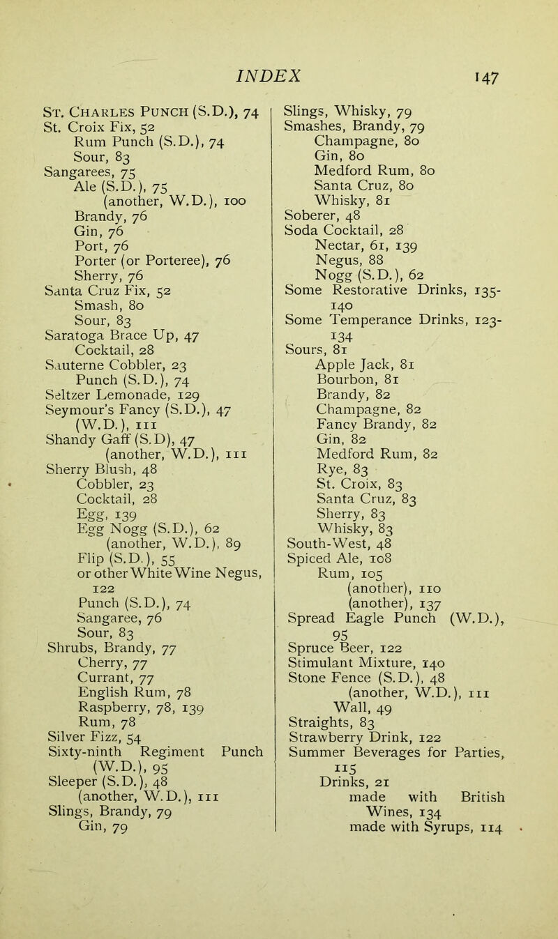 St. Charles Punch (S.D.), 74 St. Croix Fix, 52 Rum Punch (S.D.), 74 Sour, 83 Sangarees, 75 Ale (S.D.), 75 (another, W.D.), 100 Brandy, 76 Gin, 76 Port, 76 Porter (or Porteree), 76 Sherry, 76 Santa Cruz Fix, 52 Smash, 80 Sour, 83 Saratoga Brace Up, 47 Cocktail, 28 Sauterne Cobbler, 23 Punch (S.D.), 74 Seltzer Lemonade, 129 Seymour’s Fancy (S.D.), 47 (W.D.), hi Shandy Gaff (S.D), 47 (another, W.D.), 111 Sherry Blush, 48 Cobbler, 23 Cocktail, 28 Egg, 139 Egg Nogg (S.D.), 62 (another, W.D.), 89 Flip (S.D.), ss or other White Wine Negus, 122 Punch (S.D.), 74 Sangaree, 76 Sour, 83 Shrubs, Brandy, 77 Cherry, 77 Currant, 77 English Rum, 78 Raspberry, 78, 139 Rum, 78 Silver Fizz, 54 Sixty-ninth Regiment Punch (W.D.), 95 Sleeper (S.D.), 48 (another, W. D.), 111 Slings, Brandy, 79 Gin, 79 Slings, Whisky, 79 Smashes, Brandy, 79 Champagne, 80 Gin, 80 Medford Rum, 80 Santa Cruz, 80 Whisky, 81 Soberer, 48 Soda Cocktail, 28 Nectar, 61, 139 Negus, 88 Nogg (S.D.), 62 Some Restorative Drinks, 135- 140 Some Temperance Drinks, 123- 134 Sours, 81 Apple Jack, 81 Bourbon, 81 Brandy, 82 Champagne, 82 Fancy Brandy, 82 Gin, 82 Medford Rum, 82 Rye, 83 St. Croix, 83 Santa Cruz, 83 Sherry, 83 Whisky, 83 South-West, 48 Spiced Ale, 108 Rum, 105 (another), no (another), 137 Spread Eagle Punch (W.D.), 95 Spruce Beer, 122 Stimulant Mixture, 140 Stone Fence (S.D.), 48 (another, W.D.), in Wall, 49 Straights, 83 Strawberry Drink, 122 Summer Beverages for Parties, 115 Drinks, 21 made with British Wines, 134 made with Syrups, 114