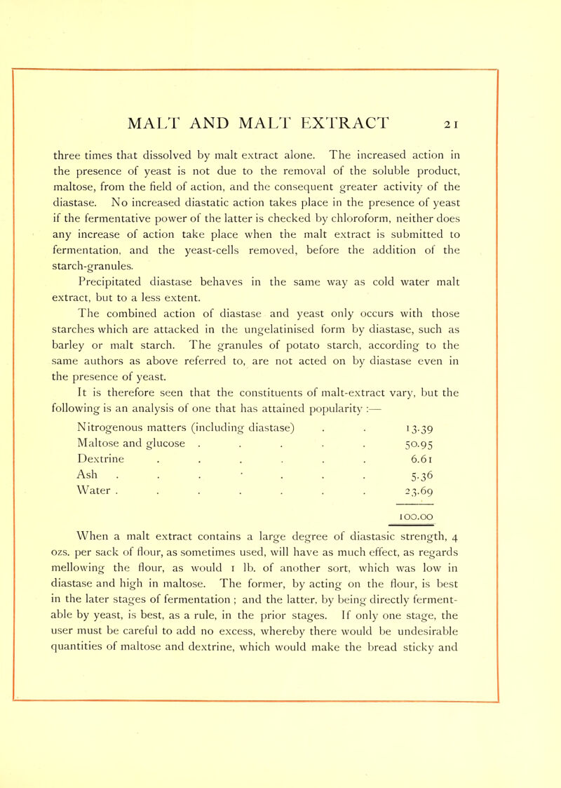 three times that dissolved by malt extract alone. The increased action in the presence of yeast is not due to the removal of the soluble product, maltose, from the field of action, and the consequent greater activity of the diastase. No increased diastatic action takes place in the presence of yeast if the fermentative power of the latter is checked by chloroform, neither does any increase of action take place when the malt extract is submitted to fermentation, and the yeast-cells removed, before the addition of the starch-granules. Precipitated diastase behaves in the same way as cold water malt extract, but to a less extent. The combined action of diastase and yeast only occurs with those starches which are attacked in the ungelatinised form by diastase, such as barley or malt starch. The granules of potato starch, according to the same authors as above referred to, are not acted on by diastase even in the presence of yeast. It is therefore seen that the constituents of malt-extract vary, but the following is an analysis of one that has attained popularity :— Nitrogenous matters (including diastase) 13-39 Maltose and glucose .... 50.95 Dextrine ..... 6.61 Ash ...'.. 5-36 Water ...... 23.69 100.00 When a malt extract contains a large degree of diastasic strength, 4 ozs. per sack of flour, as sometimes used, will have as much effect, as regards mellowing the flour, as would 1 lb. of another sort, which was low in diastase and high in maltose. The former, by acting on the flour, is best in the later stages of fermentation ; and the latter, by being directly ferment- able by yeast, is best, as a rule, in the prior stages. If only one stage, the user must be careful to add no excess, whereby there would be undesirable quantities of maltose and dextrine, which would make the bread sticky and