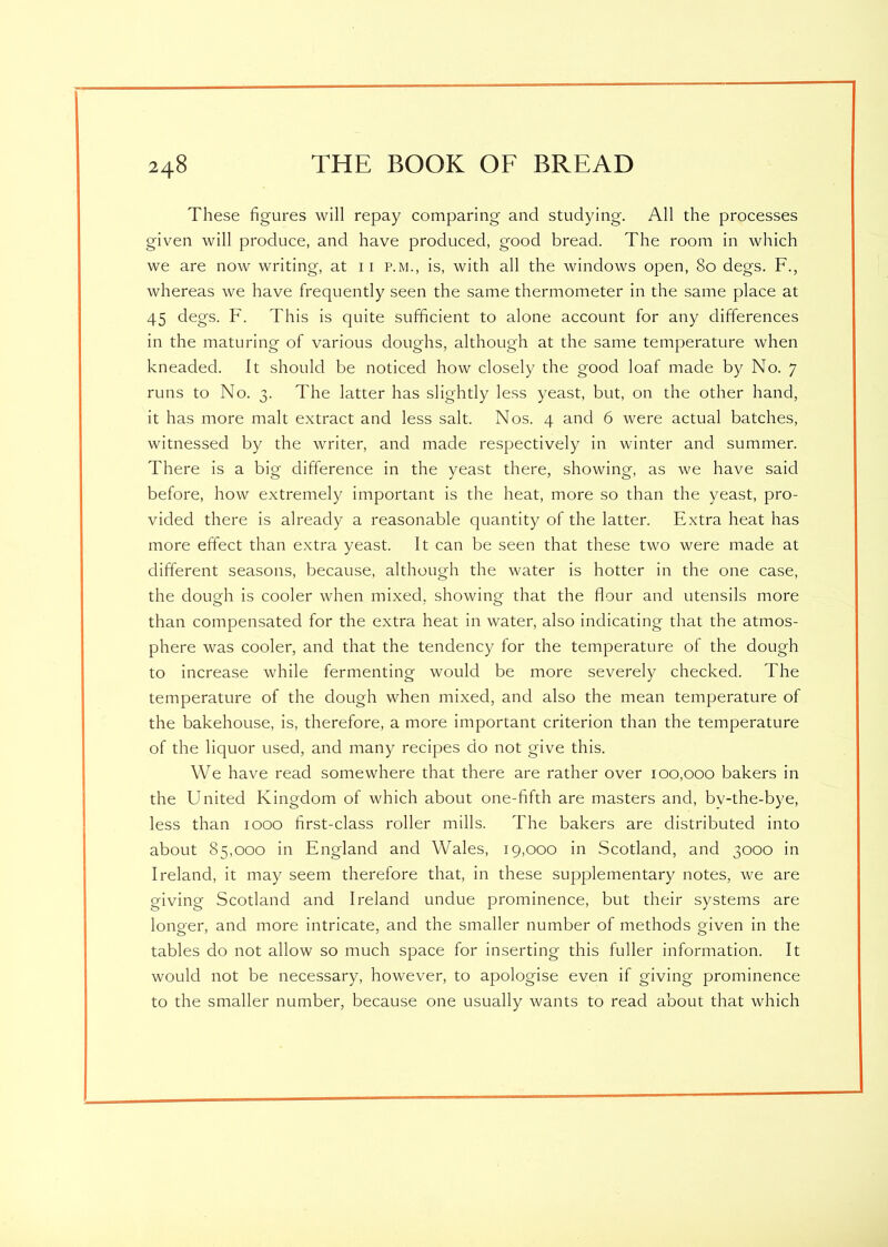 These figures will repay comparing and studying. All the processes given will produce, and have produced, good bread. The room in which we are now writing, at 11 p.m., is, with all the windows open, So degs. F., whereas we have frequently seen the same thermometer in the same place at 45 degs. F. This is quite sufficient to alone account for any differences in the maturing of various doughs, although at the same temperature when kneaded. It should be noticed how closely the good loaf made by No. 7 runs to No. 3. The latter has slightly less yeast, but, on the other hand, it has more malt extract and less salt. Nos. 4 and 6 were actual batches, witnessed by the writer, and made respectively in winter and summer. There is a big difference in the yeast there, showing, as we have said before, how extremely important is the heat, more so than the yeast, pro- vided there is already a reasonable quantity of the latter. Extra heat has more effect than extra yeast. It can be seen that these two were made at different seasons, because, although the water is hotter in the one case, the dough is cooler when mixed, showing that the flour and utensils more than compensated for the extra heat in water, also indicating that the atmos- phere was cooler, and that the tendency for the temperature of the dough to increase while fermenting would be more severely checked. The temperature of the dough when mixed, and also the mean temperature of the bakehouse, is, therefore, a more important criterion than the temperature of the liquor used, and many recipes do not give this. We have read somewhere that there are rather over 100,000 bakers in the United Kingdom of which about one-fifth are masters and, bv-the-bye, less than 1000 first-class roller mills. The bakers are distributed into about 85,000 in England and Wales, 19,000 in Scotland, and 3000 in Ireland, it may seem therefore that, in these supplementary notes, we are giving Scotland and Ireland undue prominence, but their systems are longer, and more intricate, and the smaller number of methods given in the tables do not allow so much space for inserting this fuller information. It would not be necessary, however, to apologise even if giving prominence to the smaller number, because one usually wants to read about that which