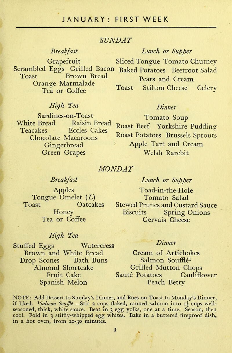 SUNDAT Breakfast Lunch or Supper Grapefruit Sliced Tongue Tomato Chutney Scrambled Eggs Grilled Bacon Baked Potatoes Beetroot Salad Toast Brown Bread Orange Marmalade Tea or Coffee High Lea Sardines-on-Toast White Bread Raisin Bread Teacakes Eccles Cakes Chocolate Macaroons Gingerbread Green Grapes Pears and Cream Toast Stilton Cheese Celery Dinner Tomato Soup Roast Beef Yorkshire Pudding Roast Potatoes Brussels Sprouts Apple Tart and Cream Welsh Rarebit MONDAT Breakfast Apples Tongue Omelet (A) Toast Oatcakes Honey Tea or Coffee Lunch or Supper Toad-in-the-Hole Tomato Salad Stewed Prunes and Custard Sauce Biscuits Spring Onions Gervais Cheese High Lea Stuffed Eggs Watercress Brown and White Bread Drop Scones Bath Buns Almond Shortcake Fruit Cake Spanish Melon Dinner Cream of Artichokes Salmon Souffle1 Grilled Mutton Chops Saute Potatoes Cauliflower Peach Betty NOTE: Add Dessert to Sunday’s Dinner, and Roes on Toast to Monday’s Dinner, if liked. 1Salmon Souffle. — Stir 2 cups flaked, canned salmon into i£ cups well- seasoned, thick, white sauce. Beat in 3 egg yolks, one at a time. Season, then cool. Fold in 3 stiffly-whipped egg whites. Bake in a buttered fireproof dish, in a hot oven, from 20-30 minutes.
