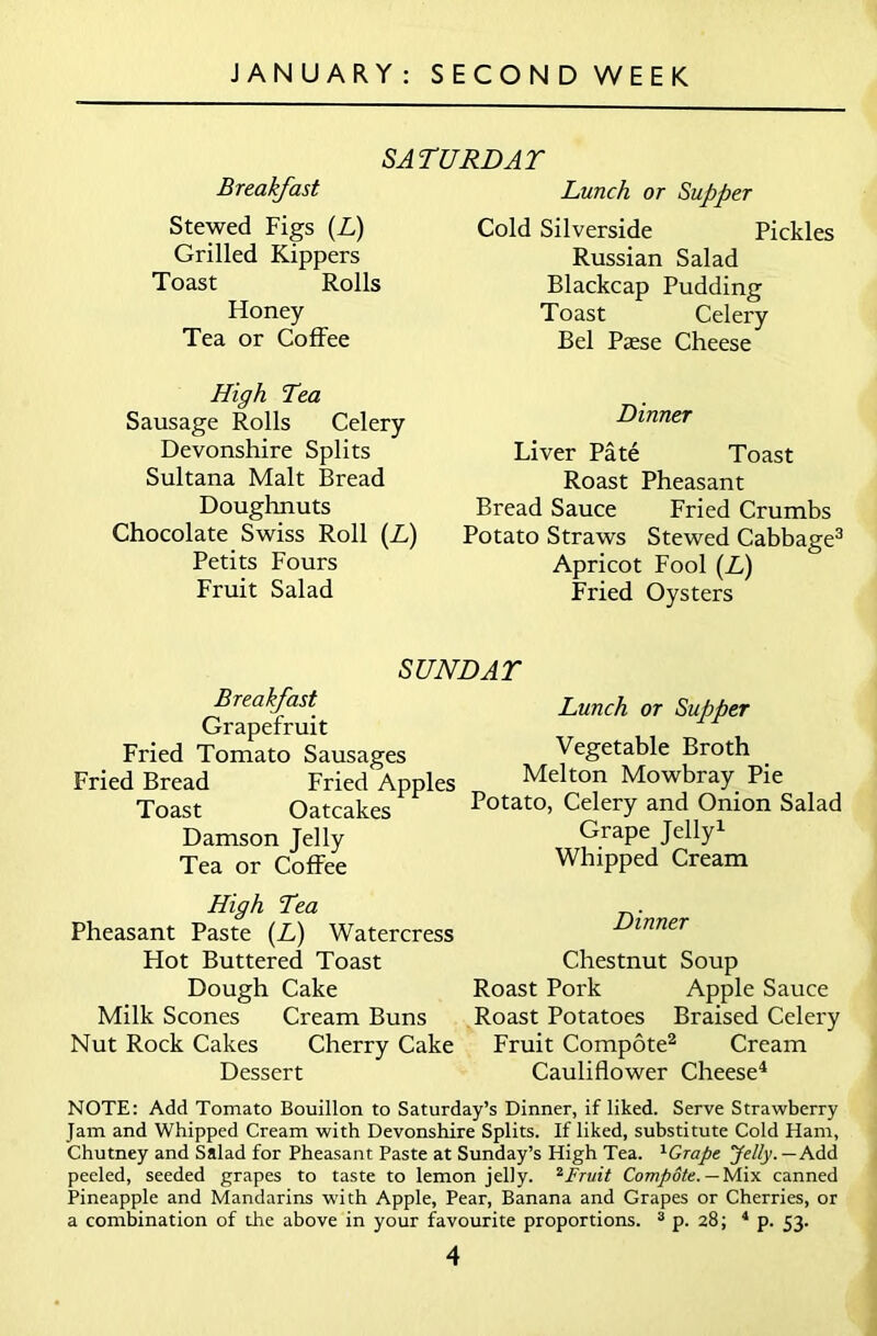 SATURDAY Breakfast Stewed Figs (L) Grilled Kippers Toast Rolls Honey Tea or Coffee Lunch or Supper Cold Silverside Pickles Russian Salad Blackcap Pudding Toast Celery Bel Passe Cheese High Tea Sausage Rolls Celery Devonshire Splits Sultana Malt Bread Doughnuts Chocolate Swiss Roll (L) Petits Fours Fruit Salad Dinner Liver Pate Toast Roast Pheasant Bread Sauce Fried Crumbs Potato Straws Stewed Cabbage3 Apricot Fool (L) Fried Oysters SUNDAY Breakfast Grapefruit Fried Tomato Sausages Fried Bread Fried Apples Toast Oatcakes Damson Jelly Tea or Coffee High Tea Pheasant Paste (L) Watercress Hot Buttered Toast Dough Cake Milk Scones Cream Buns Nut Rock Cakes Cherry Cake Dessert Lunch or Supper Vegetable Broth Melton Mowbray Pie Potato, Celery and Onion Salad Grape Jelly1 Whipped Cream Dinner Chestnut Soup Roast Poi'k Apple Sauce Roast Potatoes Braised Celery Fruit Compote2 Cream Cauliflower Cheese4 NOTE: Add Tomato Bouillon to Saturday’s Dinner, if liked. Serve Strawberry Jam and Whipped Cream with Devonshire Splits. If liked, substitute Cold Ham, Chutney and Salad for Pheasant Paste at Sunday’s High Tea. 1Grape Jelly.— Add peeled, seeded grapes to taste to lemon jelly. 2Fruit Compote. — Mix canned Pineapple and Mandarins with Apple, Pear, Banana and Grapes or Cherries, or a combination of the above in your favourite proportions. 3 p. 28; 4 p. 53.
