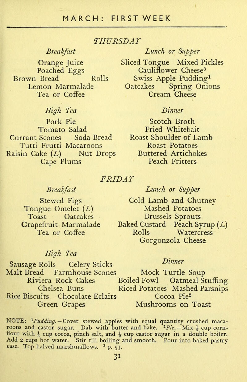 Breakfast THURSDAY Lunch or Supper Orange Juice Poached Eggs Brown Bread Rolls Lemon Marmalade Tea or Coffee Sliced Tongue Mixed Pickles Cauliflower Cheese3 Swiss Apple Pudding1 Oatcakes Spring Onions Cream Cheese High Tea Pork Pie Tomato Salad Currant Scones Soda Bread Tutti Frutti Macaroons Raisin Cake (L) Nut Drops Cape Plums Dinner Scotch Broth Fried Whitebait Roast Shoulder of Lamb Roast Potatoes Buttered Artichokes Peach Fritters Breakfast FRIDAY Lunch or Supper Stewed Figs Tongue Omelet (L) Toast Oatcakes Grapefruit Marmalade Tea or Coffee Cold Lamb and Chutney Mashed Potatoes Brussels Sprouts Baked Custard Peach Syrup (L) Rolls Watercress Gorgonzola Cheese High lea Sausage Rolls Celery Sticks Dinner Malt Bread Farmhouse Scones Mock Turtle Soup Riviera Rock Cakes Boiled Fowl Oatmeal Stuffing Chelsea Buns Riced Potatoes Mashed Parsnips Rice Biscuits Chocolate Eclairs Cocoa Pie2 Green Grapes Mushrooms on Toast NOTE: ^Pudding. — Cover stewed apples with equal quantity crushed maca- roons and castor sugar. Dab with butter and bake. 2Pie. — Mix J cup corn- flour with J cup cocoa, pinch salt, and \ cup castor sugar in a double boiler. Add 2 cups hot water. Stir till boiling and smooth. Pour into baked pastry case. Top halved marshmallows. 3 p. 53.