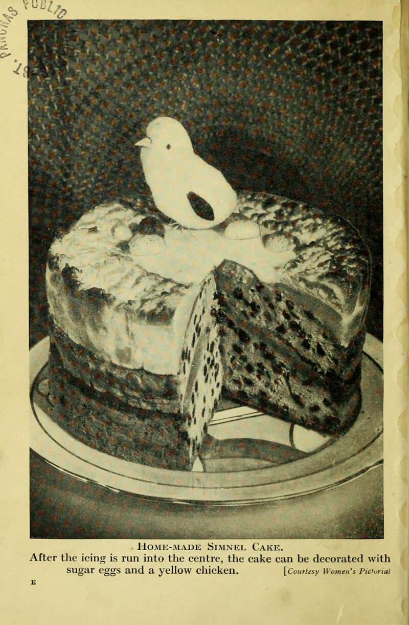 Home-made Simnel Cake. After the icing is run into the centre, the cake can be decoi’ated with sugar eggs and a yellow chicken. [Co urtesy Women's Pictorial £
