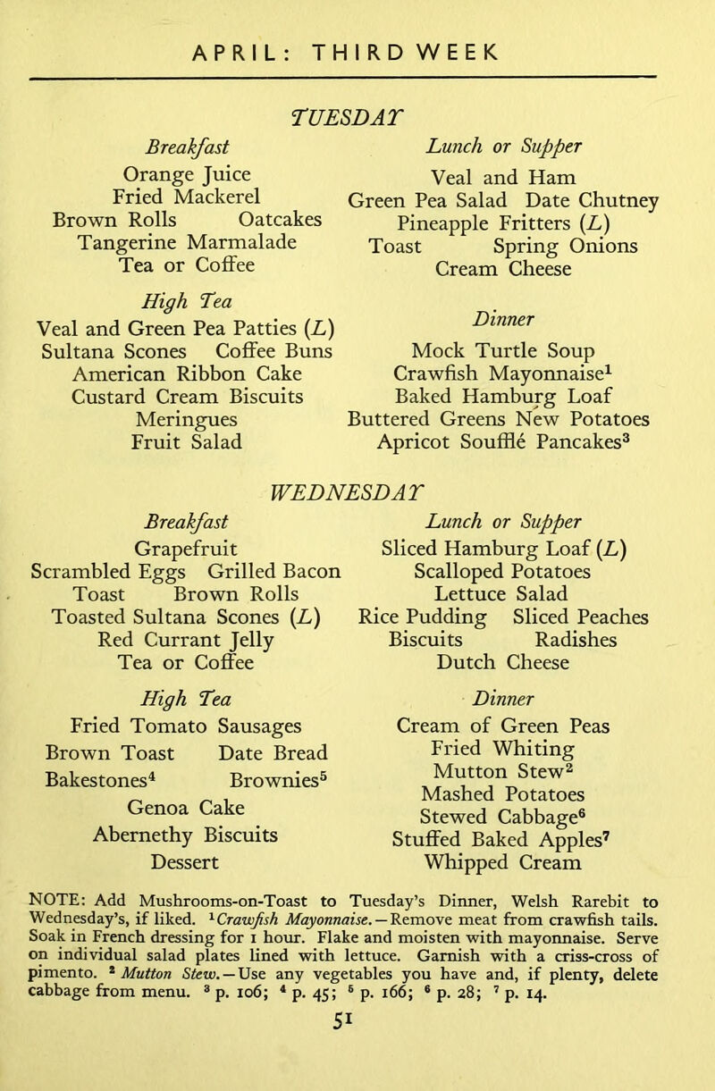 TUESDAY Breakfast Orange Juice Fried Mackerel Brown Rolls Oatcakes Tangerine Marmalade Tea or Coffee Lunch or Supper Veal and Ham Green Pea Salad Date Chutney Pineapple Fritters (L) Toast Spring Onions Cream Cheese High Tea Veal and Green Pea Patties (L) Sultana Scones Coffee Buns American Ribbon Cake Custard Cream Biscuits Meringues Fruit Salad Dinner Mock Turtle Soup Crawfish Mayonnaise1 Baked Hamburg Loaf Buttered Greens New Potatoes Apricot Souffle Pancakes3 WEDNESDAY Breakfast Grapefruit Scrambled Eggs Grilled Bacon Toast Brown Rolls Toasted Sultana Scones (L) Red Currant Jelly Tea or Coffee Lunch or Supper Sliced Hamburg Loaf (Z,) Scalloped Potatoes Lettuce Salad Rice Pudding Sliced Peaches Biscuits Radishes Dutch Cheese High Tea Fried Tomato Sausages Brown Toast Date Bread Bakestones4 Brownies5 Genoa Cake Abernethy Biscuits Dessert Dinner Cream of Green Peas Fried Whiting Mutton Stew2 Mashed Potatoes Stewed Cabbage6 Stuffed Baked Apples7 Whipped Cream NOTE: Add Mushrooms-on-Toast to Tuesday’s Dinner, Welsh Rarebit to Wednesday’s, if liked. 1Crawpsh Mayonnaise. — Remove meat from crawfish tails. Soak in French dressing for i hour. Flake and moisten with mayonnaise. Serve on individual salad plates lined with lettuce. Garnish with a criss-cross of pimento. 3 Mutton Stew. — Use any vegetables you have and, if plenty, delete cabbage from menu. 3 p. 106; 4 p. 45; 6 p. 166; 6 p. 28; 7 p. 14. SI