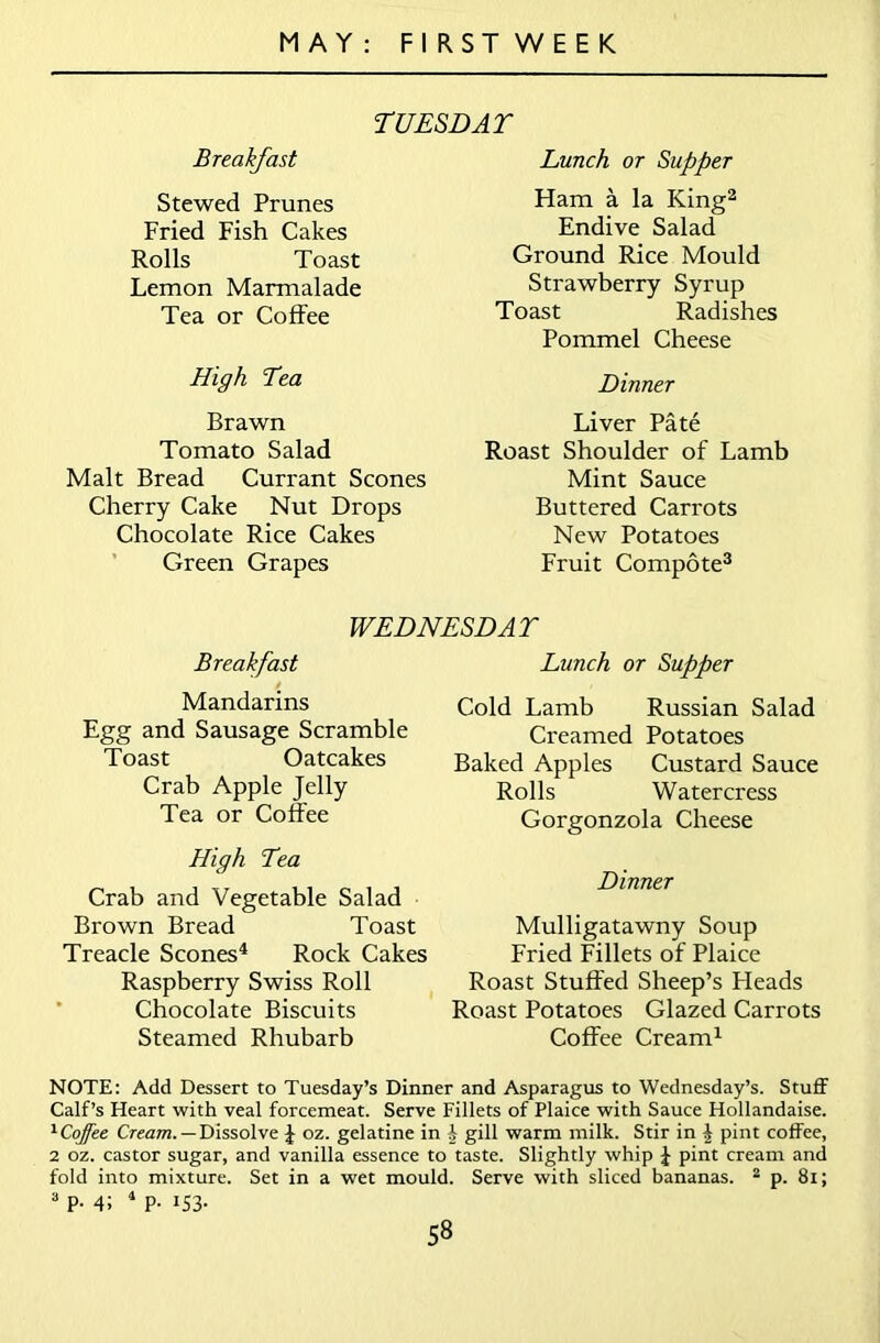 TUESDAY Breakfast Stewed Prunes Fried Fish Cakes Rolls Toast Lemon Marmalade Tea or Coffee High Tea Brawn Tomato Salad Malt Bread Currant Scones Cherry Cake Nut Drops Chocolate Rice Cakes Green Grapes Lunch or Supper Ham a la King2 Endive Salad Ground Rice Mould Strawberry Syrup Toast Radishes Pommel Cheese Dinner Liver Pate Roast Shoulder of Lamb Mint Sauce Buttered Carrots New Potatoes Fruit Compote3 WEDNESDAY Breakfast Mandarins Egg and Sausage Scramble Toast Oatcakes Crab Apple Jelly Tea or Coffee High Tea Crab and Vegetable Salad Brown Bread Toast Treacle Scones4 Rock Cakes Raspberry Swiss Roll Chocolate Biscuits Steamed Rhubarb Lunch or Supper Cold Lamb Russian Salad Creamed Potatoes Baked Apples Custard Sauce Rolls Watercress Gorgonzola Cheese Dinner Mulligatawny Soup Fried Fillets of Plaice Roast Stuffed Sheep’s Heads Roast Potatoes Glazed Carrots Coffee Cream1 NOTE: Add Dessert to Tuesday’s Dinner and Asparagus to Wednesday’s. Stuff Calf’s Heart with veal forcemeat. Serve Fillets of Plaice with Sauce Hollandaise. 'Coffee Cream. — Dissolve £ oz. gelatine in i gill warm milk. Stir in £ pint coffee, 2 oz. castor sugar, and vanilla essence to taste. Slightly whip J pint cream and fold into mixture. Set in a wet mould. Serve with sliced bananas. 2 p. 81; 3 P- 4; 1 P- I53-