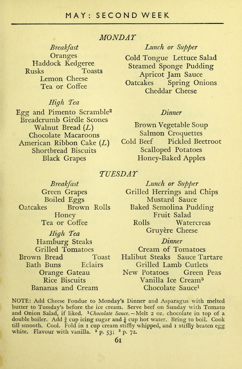 MONDAY Breakfast Oranges Haddock Kedgeree Rusks Toasts Lemon Cheese Tea or Coffee High Yea Egg and Pimento Scramble2 Breadcrumb Girdle Scones Walnut Bread (L) Chocolate Macaroons American Ribbon Cake (L) Shortbread Biscuits Black Grapes Lunch or Supper Cold Tongue Lettuce Salad Steamed Sponge Pudding Apricot Jam Sauce Oatcakes Spring Onions Cheddar Cheese Dinner Brown Vegetable Soup Salmon Croquettes Cold Beef Pickled Beetroot Scalloped Potatoes Honey-Baked Apples TUESDAY Breakfast Green Grapes Boiled Eggs Oatcakes Brown Rolls Honey Tea or Coffee High Yea Hamburg Steaks Grilled Tomatoes Brown Bread Toast Bath Buns Eclairs Orange Gateau Rice Biscuits Bananas and Cream Lunch or Supper Grilled Herrings and Chips Mustard Sauce Baked Semolina Pudding Fruit Salad Rolls Watercress Gruyere Cheese Dinner Cream of Tomatoes Halibut Steaks Sauce Tartare Grilled Lamb Cutlets New Potatoes Green Peas Vanilla Ice Cream3 Chocolate Sauce1 NOTE: Add Cheese Fondue to Monday’s Dinner and Asparagus with melted butter to Tuesday’s before the ice cream. Serve beef on Sunday with Tomato and Onion Salad, if liked. 1 Chocolate Sauce. —Melt 2 oz. chocolate in top of a double boiler. Add f cup icing sugar and £ cup hot water. Bring to boil. Cook till smooth. Cool. Fold in 1 cup cream stiffly whipped, and 1 stiffly beaten egg white. Flavour with vanilla. 2 p. 53; 3 p. 72. 6l