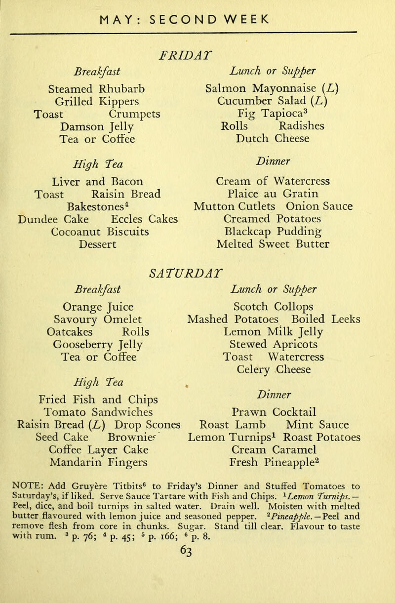 FRIDAY Breakfast Steamed Rhubarb Grilled Kippers Toast Crumpets Damson Jelly Tea or Coffee Lunch or Supper Salmon Mayonnaise (L) Cucumber Salad (L) Fig Tapioca3 Rolls Radishes Dutch Cheese High Tea Liver and Bacon Toast Raisin Bread Bakestones4 Dundee Cake Eccles Cakes Cocoanut Biscuits Dessert Dinner Cream of Watercress Plaice au Gratin Mutton Cutlets Onion Sauce Creamed Potatoes Blackcap Pudding Melted Sweet Butter SATURDAY Breakfast Orange Juice Savoury Omelet Oatcakes Rolls Gooseberry Jelly Tea or Coffee High Tea Fried Fish and Chips Tomato Sandwiches Raisin Bread {L) Drop Scones Seed Cake Brownie? Coffee Layer Cake Mandarin Fingers Lunch or Supper Scotch Collops Mashed Potatoes Boiled Leeks Lemon Milk Jelly Stewed Apricots Toast Watercress Celery Cheese Dinner Prawn Cocktail Roast Lamb Mint Sauce Lemon Turnips1 Roast Potatoes Cream Caramel Fresh Pineapple2 NOTE: Add Gruyere Titbits6 to Friday’s Dinner and Stuffed Tomatoes to Saturday’s, if liked. Serve Sauce Tartare with Fish and Chips. 1Lemon Turnips.— Peel, dice, and boil turnips in salted water. Drain well. Moisten with melted butter flavoured with lemon juice and seasoned pepper. 2Pineapple. — Peel and remove flesh from core in chunks. Sugar. Stand till clear. Flavour to taste with rum. 3 p. 76; 4 p. 45; 6 p. 166; 6 p. 8.