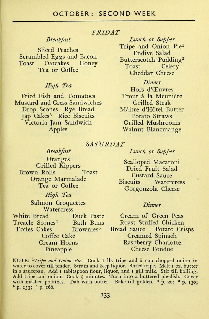 F RIDAT Breakfast Sliced Peaches Scrambled Eggs and Bacon Toast Oatcakes Honey Tea or Coffee Lunch or Supper Tripe and Onion Pie1 Endive Salad Butterscotch Pudding2 Toast Celery Cheddar Cheese High Lea Fried Fish and Tomatoes Mustard and Cress Sandwiches Drop Scones Rye Bread Jap Cakes3 Rice Biscuits Victoria Jam Sandwich Apples Dinner Hors d’CEuvres Trout a la Meuniere Grilled Steak Maitre d’Hotel Butter Potato Straws Grilled Mushrooms Walnut Blancmange SALURDAT Breakfast Oranges Grilled Kippers Brown Rolls Toast Orange Marmalade Tea or Coffee High Lea Salmon Croquettes Watercress White Bread Duck Paste Treacle Scones4 Bath Buns Eccles Cakes Brownies5 Coffee Cake Cream Horns Pineapple Lunch or Supper Scalloped Macaroni Dried Fruit Salad Custard Sauce Biscuits Watercress Gorgonzola Cheese Dinner Cream of Green Peas Roast Stuffed Chicken Bread Sauce Potato Crisps Creamed Spinach Raspberry Charlotte Cheese Fondue NOTE: xTripe and Onion Pie. — Cook I lb. tripe and \ cup chopped onion in water to cover till tender. Strain and keep liquor. Shred tripe. Melt i oz. butter in a saucepan. Add i tablespoon flour, liquor, and i gill milk. Stir till boiling. Add tripe and onion. Cook 5 minutes. Turn into a buttered pie-dish. Cover with mashed potatoes. Dab with butter. Bake till golden. 2 p. 20; 3 p. 130; 4 P* 153; 5 P- 166.