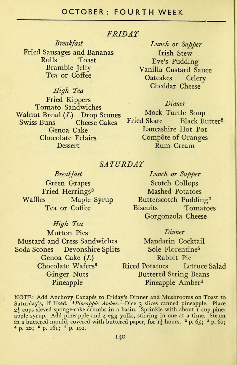 F RID AT Breakfast Fried Sausages and Bananas Rolls Toast Bramble Jelly Tea or Coffee High Tea Fried Kippers Tomato Sandwiches Walnut Bread (L) Drop Scones Swiss Buns Cheese Cakes Genoa Cake Chocolate Eclairs Dessert Lunch or Supper Irish Stew Eve’s Pudding Vanilla Custard Sauce Oatcakes Celery Cheddar Cheese Dinner Mock Turtle Soup Fried Skate Black Butter2 Lancashire Hot Pot Compote of Oranges Rum Cream SATURDAY Breakfast Green Grapes Fried Herrings3 Waffles Maple Syrup Tea or Coffee High Tea Mutton Pies Mustard and Cress Sandwiches Soda Scones Devonshire Splits Genoa Cake (L) Chocolate Wafers6 Ginger Nuts Pineapple Lunch or Supper Scotch Collops Mashed Potatoes Butterscotch Pudding4 Biscuits Tomatoes Gorgonzola Cheese Dinner Mandarin Cocktail Sole Florentine5 Rabbit Pie Riced Potatoes Lettuce Salad Buttered String Beans Pineapple Amber1 NOTE: Add Anchovy Canapes to Friday’s Dinner and Mushrooms on Toast to Saturday’s, if liked. 1Pineapple Amber. — Dice 3 slices canned pineapple. Place 2-2 cups sieved sponge-cake crumbs in a basin. Sprinkle with about 1 cup pine- apple syrup. Add pineapple and 4 egg yolks, stirring in one at a time. Steam in a buttered mould, covered with buttered paper, for hours. 2 p. 65; 3 p. 60; 4 p. 20; 5 p. 161; 6 p. 102.