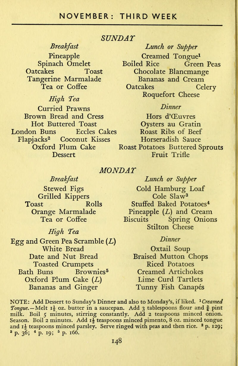 SUNDAT Breakfast Pineapple Spinach Omelet Oatcakes Toast Tangerine Marmalade Tea or Coffee High Tea Curried Prawns Brown Bread and Cress Hot Buttered Toast London Buns Eccles Cakes Flapjacks2 Coconut Kisses Oxford Plum Cake Dessert Lunch or Supper Creamed Tongue1 Boiled Rice Green Peas Chocolate Blancmange Bananas and Cream Oatcakes Celery Roquefort Cheese Dinner Hors d’CEuvres Oysters au Gratin Roast Ribs of Beef Horseradish Sauce Roast Potatoes Buttered Sprouts Fruit Trifle MONDAY Breakfast Stewed Figs Grilled Kippers Toast Rolls Orange Marmalade Tea or Coffee High Tea Egg and Green Pea Scramble (L) White Bread Date and Nut Bread Toasted Crumpets Bath Buns Brownies5 Oxford Plum Cake (L) Bananas and Ginger Lunch or Supper Cold Hamburg Loaf Cole Slaw3 Stuffed Baked Potatoes4 Pineapple (L) and Cream Biscuits Spring Onions Stilton Cheese Dinner Oxtail Soup Braised Mutton Chops Riced Potatoes Creamed Artichokes Lime Curd Tartlets Tunny Fish Canapes NOTE: Add Dessert to Sunday’s Dinner and also to Monday’s, if liked. 1 Creamed Tongue. — Melt ij oz. butter in a saucepan. Add 3 tablespoons flour and f pint milk. Boil 5 minutes, stirring constantly. Add 2 teaspoons minced onion. Season. Boil 2 minutes. Add ij teaspoons minced pimento, 8 oz. minced tongue and ij teaspoons minced parsley. Serve ringed with peas and then rice. 2 p. 129; 3 p. 36; 4 p. 19; 5 p. 166.