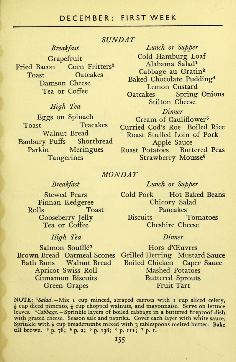 SUNDAT Breakfast Grapefruit Fried Bacon Corn Fritters3 Toast Oatcakes Damson Cheese Tea or Coffee High Tea Eggs on Spinach Toast Teacakes Walnut Bread Banbury Puffs Shortbread Parkin Meringues Tangerines Lunch or Supper Cold Hamburg Loaf Alabama Salad1 Cabbage au Gratin2 Baked Chocolate Pudding4 Lemon Custard Oatcakes Spring Onions Stilton Cheese Dinner Cream of Cauliflower5 Curried Cod’s Roe Boiled Rice Roast Stuffed Loin of Pork Apple Sauce Roast Potatoes Buttered Peas Strawberry Mousse6 MON DAT Breakfast Stewed Pears Finnan Kedgeree Rolls Toast Gooseberry Jelly Tea or Coffee High Tea Salmon Souffle7 Brown Bread Oatmeal Scones Bath Buns Walnut Bread Apricot Swiss Roll Cinnamon Biscuits Green Grapes Lunch or Supper Cold Pork Hot Baked Beans Chicory Salad Pancakes Biscuits Tomatoes Cheshire Cheese Dinner Hors d’CEuvres Grilled Herring Mustard Sauce Boiled Chicken Caper Sauce Mashed Potatoes Buttered Sprouts Fruit Tart NOTE: xSalad. — Mix i cup minced, scraped carrots with x cup sliced celery, £ cup diced pimento, J cup chopped walnuts, and mayonnaise. Serve on lettuce leaves. 2Cabbage. —Sprinkle layers of boiled cabbage in a buttered fireproof dish with grated cheese. Season salt and paprika. Cover each layer with white sauce. Sprinkle with £ cup breadcrumbs mixed with 3 tablespoons melted butter. Bake till brown. 3 p. 78; * p. 2; 6 p. 138; 6 p. in; 7 p. 1. *55