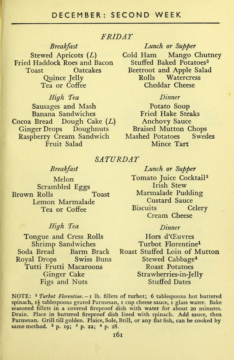 FRIDAY Breakfast Stewed Apricots (L) Fried Haddock Roes and Bacon Toast Oatcakes Quince Jelly Tea or Coffee High Yea Sausages and Mash Banana Sandwiches Cocoa Bread Dough Cake (L) Ginger Drops Doughnuts Raspberry Cream Sandwich Fruit Salad Lunch or Supper Cold Ham Mango Chutney Stuffed Baked Potatoes2 Beetroot and Apple Salad Rolls Watercress Cheddar Cheese Dinner Potato Soup Fried Hake Steaks Anchovy Sauce Braised Mutton Chops Mashed Potatoes Swedes Mince Tart SATURDAY Breakfast Melon Scrambled Eggs Brown Rolls Toast Lemon Marmalade Tea or Coffee High Yea Tongue and Cress Rolls Shrimp Sandwiches Soda Bread Barm Brack Royal Drops Swiss Buns Tutti Frutti Macaroons Ginger Cake Figs and Nuts Lunch or Supper Tomato Juice Cocktail3 Irish Stew Marmalade Pudding Custard Sauce Biscuits Celery Cream Cheese Dinner Hors d’CEuvres Turbot Florentine1 Roast Stuffed Loin of Mutton Stewed Cabbage4 Roast Potatoes Strawberries-in-Jelly Stuffed Dates NOTE: 1 Turbot Florentine. —i lb. fillets of turbot; 6 tablespoons hot buttered spinach, l£ tablespoons grated Parmesan, i cup cheese sauce, i glass water. Bake seasoned fillets in a covered fireproof dish with water for about 20 minutes. Drain. Place in buttered fireproof dish lined with spinach. Add sauce, then Parmesan. Grill till golden. Plaice, Sole, Brill, or any fiat fish, can be cooked by same method. 2 p. 19; 3 p. 22; 4 p. 28. l6l