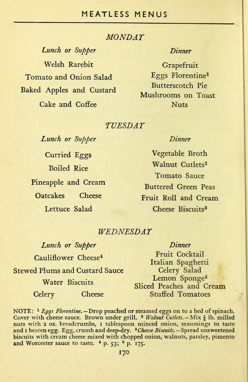 MON DAT Lunch or Supper Dinner Welsh Rarebit Tomato and Onion Salad Baked Apples and Custard Cake and Coffee Grapefruit Eggs Florentine1 Butterscotch Pie Mushrooms on Toast Nuts TUBS DAT Lunch or Supper Curried Eggs Boiled Rice Pineapple and Cream Oatcakes Cheese Lettuce Salad Dinner Vegetable Broth Walnut Cutlets2 Tomato Sauce Buttered Green Peas Fruit Roll and Cream Cheese Biscuits3 WEDNESDAY Lunch or Supper Cauliflower Cheese4 Stewed Plums and Custard Sauce Water Biscuits Celery Cheese NOTE: 1 Eggs Florentine. — Drop poached or steamed eggs on to a bed of spinach. Cover with cheese sauce. Brown under grill. 2 Walnut Cutlets. — Mix J lb. milled nuts with 2 oz. breadcrumbs, i tablespoon minced onion, seasonings to taste and i beaten egg. Egg, crumb and deep-dry. 3Cheese Biscuits. — Spread unsweetened biscuits with cream cheese mixed with chopped onion, walnuts, parsley, pimento and Worcester sauce to taste. 4 p. 53; 6 p. 175. 170 Dinner Fruit Cocktail Italian Spaghetti Celery Salad Lemon Sponge5 Sliced Peaches and Cream Stuffed Tomatoes