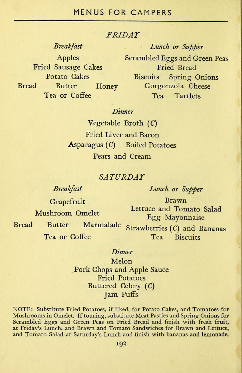 FRIDAY Breakfast Apples Fried Sausage Cakes Potato Cakes Bread Butter Honey Tea or Coffee Lunch or Supper Scrambled Eggs and Green Peas Fried Bread Biscuits Spring Onions Gorgonzola Cheese Tea Tartlets Dinner Vegetable Broth (C) Fried Liver and Bacon Asparagus (C) Boiled Potatoes Pears and Cream SATURDAY Breakfast Lunch or Supper Grapefruit Mushroom Omelet Bread Butter Marmalade Tea or Coffee Brawn Lettuce and Tomato Salad Egg Mayonnaise Strawberries (C) and Bananas Tea Biscuits Dinner Melon Pork Chops and Apple Sauce Fried Potatoes Buttered Celery (C) Jam Puffs NOTE: Substitute Fried Potatoes, if liked, for Potato Cakes, and Tomatoes for Mushrooms in Omelet. If touring, substitute Meat Pasties and Spring Onions for Scrambled Eggs and Green Peas on Fried Bread and finish with fresh fruit, at Friday’s Lunch, and Brawn and Tomato Sandwiches for Brawn and Lettuce, and Tomato Salad at Saturday’s Lunch and finish with bananas and lemonade.