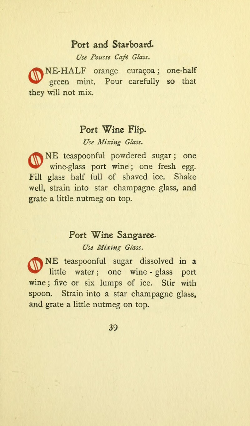Port and Starboard- Use Pousse Cafi Glass. NE-HALF orange cura£oa; one-half green mint. Pour carefully so that will not mix. Port Wine Flip- Use Mixing Glass. /G\ NE teaspoonful powdered sugar; one Vir wine-glass port wine; one fresh egg. Fill glass half full of shaved ice. Shake well, strain into star champagne glass, and grate a little nutmeg on top. Port Wine Sangaree- Use Mixing Glass. NE teaspoonful sugar dissolved in a Vi*' little water; one wine - glass port wine; five or six lumps of ice. Stir with spoon. Strain into a star champagne glass, and grate a little nutmeg on top.