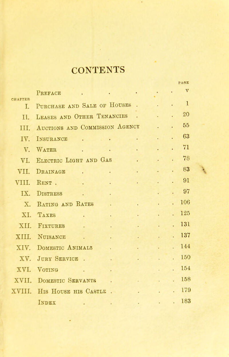 CONTENTS PAGE CHAPTER Preface . . v I. Purchase and Sale of Houses . 1 11. Leases and Other Tenancies . 20 III. Auctions and Commission Agency 55 IV. Insurance . 63 V. Water . 71 VI. Electric Light and Gas . 78 VII. Drainage . 83 VIII. Rent . . 91 IX. Distress . 97 X. Rating and Rates . 106 XI. Taxes . 125 XII. Fixtures . 131 XIII. Nuisance . 137 XIV. Domestic Animals . 144 XV. Jury Service . . 150 XVI. Voting . 154 XVII. Domestic Servants . 158 XVIII. His House his Castle . . 179 Index . 183