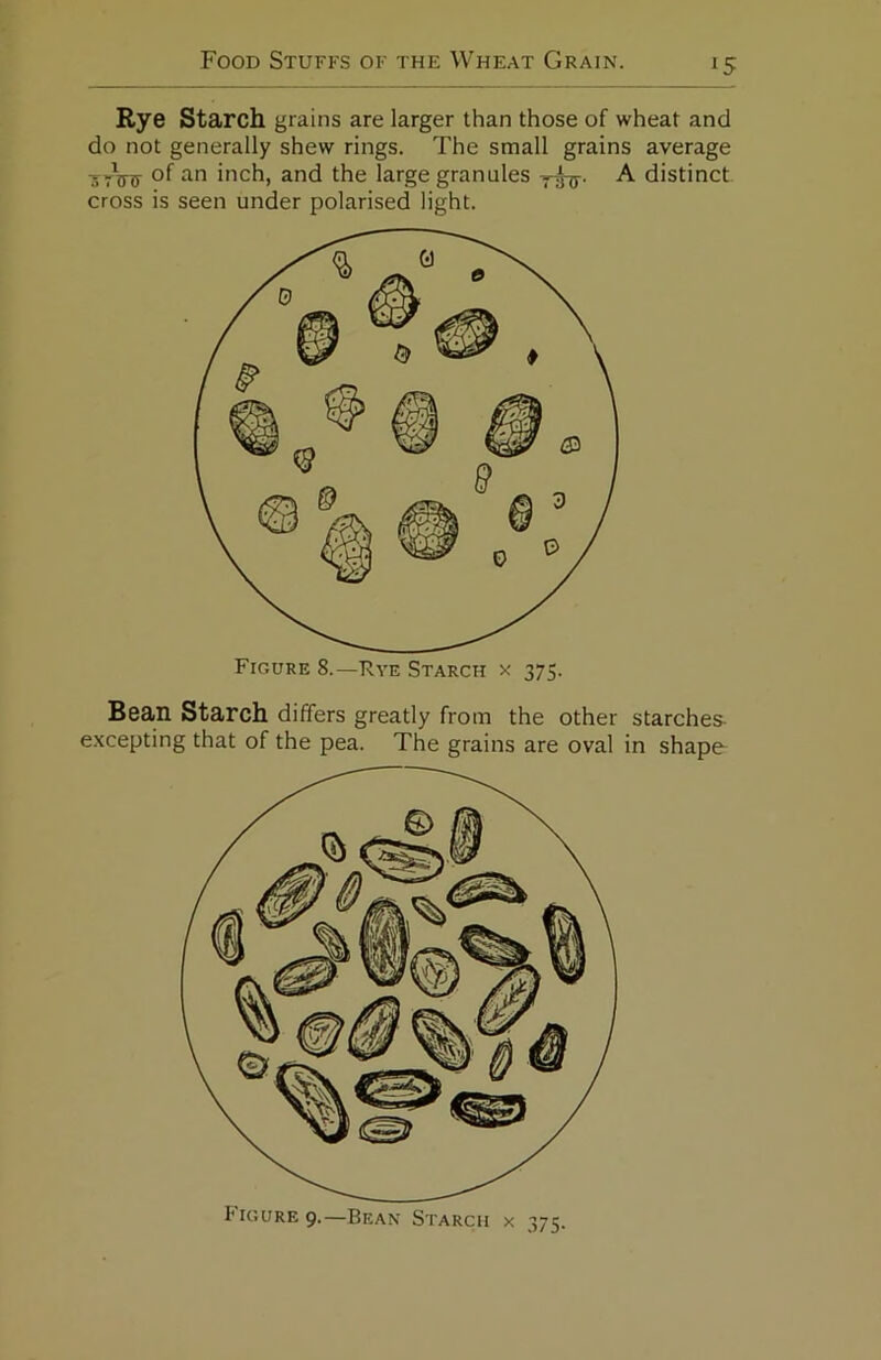 Rye Starch grains are larger than those of wheat and do not generally shew rings. The small grains average ■srVc inch, and the large granules A distinct cross is seen under polarised light. Figure 8.—Fye Starch x 375. Bean Starch differs greatly from the other starches- e.xcepting that of the pea. The grains are oval in shape