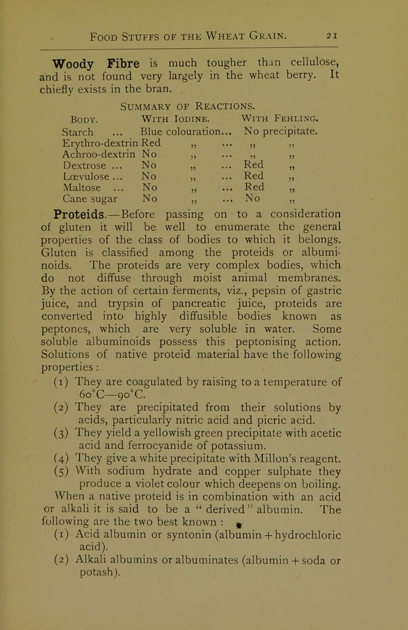 Woody Fibre is much tougher than cellulose, and is not found very largely in the wheat berry. It chiefly exists in the bran. Summary of Reactions. Body. With Iodine. With Fehling. Starch ... Blue colouration... Erythro-dextrin Red „ Achroo-dextrin No „ Dextrose ... No „ Loevulose... No „ Maltose ... No „ Cane sugar No „ No precipitate. » Red 5) Red )> Red No Proteids.—Before passing on to a consideration of gluten it will be well to enumerate the general properties of the class of bodies to which it belongs. Gluten is classified among the proteids or albumi- noids. The proteids are very complex bodies, which do not diffuse through moist animal membranes. By the action of certain ferments, viz., pepsin of gastric juice, and trypsin of pancreatic juice, proteids are converted into highly diffusible bodies known as peptones, which are very soluble in water. Some soluble albuminoids possess this peptonising action. Solutions of native proteid material have the following properties: (1) They are coagulated by raising to a temperature of 6o°C—90°C. (2) They are precipitated from their solutions by acids, particularly nitric acid and picric acid. (3) They yield a yellowish green precipitate with acetic acid and ferrocyanide of potassium. (4) They give a white precipitate with Millon’s reagent. (5) With sodium hydrate and copper sulphate they produce a violet colour which deepens on boiling. When a native proteid is in combination with an acid or alkali it is said to be a ‘‘ derived” albumin. The following are the two best known : « (1) Acid albumin or syntonin (albumin-1-hydrochloric acid). (2) Alkali albumins or albuminates (albumin-I-soda or potash).