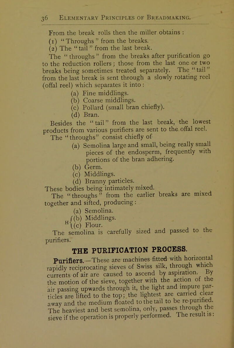 From the break rolls then the miller obtains : (1) “Throughs” from the breaks. (2) The “tail” from the last break. The “ throughs ” from the breaks after purification go to the reduction rollers; those from the last one or two breaks being sometimes treated separately. The “ tail ” from the last break is sent through a slowly rotating reel (offal reel) which separates it into : (a) Fine middlings. (b) Coarse middlings. (c) Pollard (small bran chiefly). (d) Bran. Besides the “tail” from the last break, the lowest products from various purifiers are sent to the offal reel. The “throughs” consist chiefly of (a) Semolina large and small, being really small pieces of the endosperm, frequently with portions of the bran adhering. (b) Germ. (c) Middlings. (d) Branny particles. These bodies being intimately mixed. The “ throughs ” from the earlier breaks are mixed together and sifted, producing ; (a) Semolina. f(b) Middlings. ”\(c) Flour. The semolina is carefully sized and passed to the purifiers. THE PURIFICATION PROCESS. Purifiers. —These are machines fitted with horizontal rapidly reciprocating sieves of Swiss silk, through which currents of air are caused to ascend by aspiration. By the motion of the sieve, together with the action of the air passing upwards through it, the light and impure par- ticles are lifted to the top;,the lightest are carried clear away and the medium floated to the tail to be re-purified. The heaviest and best semolina, only, passes through the sieve if the operation is properly performed. The result is: