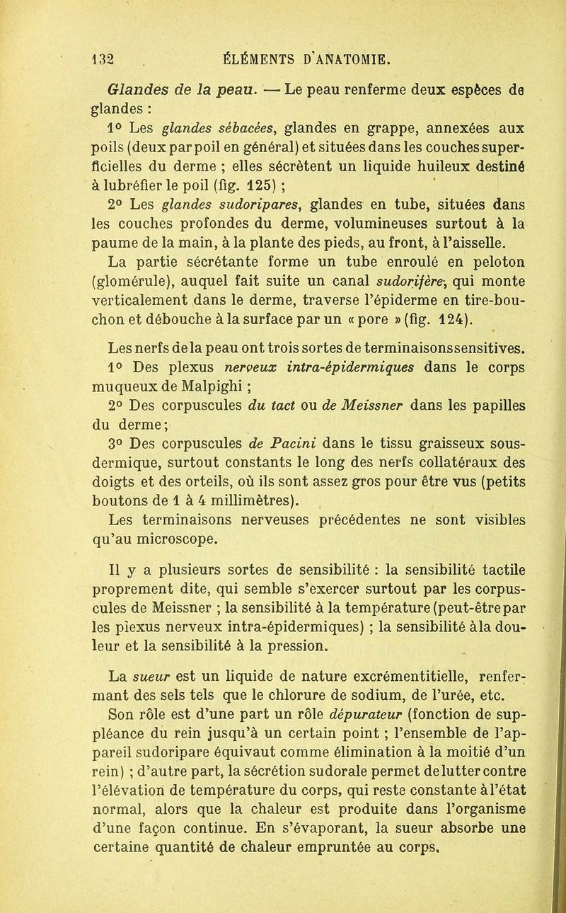 Glandes de la peau. — Le peau renferme deux espèces de glandes : 1° Les glandes sébacées, glandes en grappe, annexées aux poils (deux par poil en général) et situées dans les couches super- ficielles du derme ; elles sécrètent un liquide huileux destiné à lubréfier le poil (fig. 125) ; 2° Les glandes sudoripares, glandes en tube, situées dans les couches profondes du derme, volumineuses surtout à la paume de la main, à la plante des pieds, au front, à l’aisselle. La partie sécrétante forme un tube enroulé en peloton (glomérule), auquel fait suite un canal sudorifère-, qui monte verticalement dans le derme, traverse l’épiderme en tire-bou- chon et débouche à la surface par un «pore »(fig. 124). Les nerfs delà peau ont trois sortes de terminaisonssensitives. 1° Des plexus nerveux intra-épidermiques dans le corps muqueux de Malpighi ; 2° Des corpuscules du tact ou de Meissner dans les papilles du derme; 3° Des corpuscules de Pacini dans le tissu graisseux sous- dermique, surtout constants le long des nerfs collatéraux des doigts et des orteils, où ils sont assez gros pour être vus (petits boutons de 1 à 4 millimètres). Les terminaisons nerveuses précédentes ne sont visibles qu’au microscope. Il y a plusieurs sortes de sensibilité : la sensibilité tactile proprement dite, qui semble s’exercer surtout par les corpus- cules de Meissner ; la sensibilité à la température (peut-êtrepar les plexus nerveux intra-épidermiques) ; la sensibilité àla dou- leur et la sensibilité à la pression. La sueur est un liquide de nature excrémentitielle, renfer- mant des sels tels que le chlorure de sodium, de l’urée, etc. Son rôle est d’une part un rôle dépurateur (fonction de sup- pléance du rein jusqu’à un certain point ; l’ensemble de l’ap- pareil sudoripare équivaut comme élimination à la moitié d’un rein) ; d’autre part, la sécrétion sudorale permet de lutter contre l’élévation de température du corps, qui reste constante à l’état normal, alors que la chaleur est produite dans l’organisme d’une façon continue. En s’évaporant, la sueur absorbe une certaine quantité de chaleur empruntée au corps.
