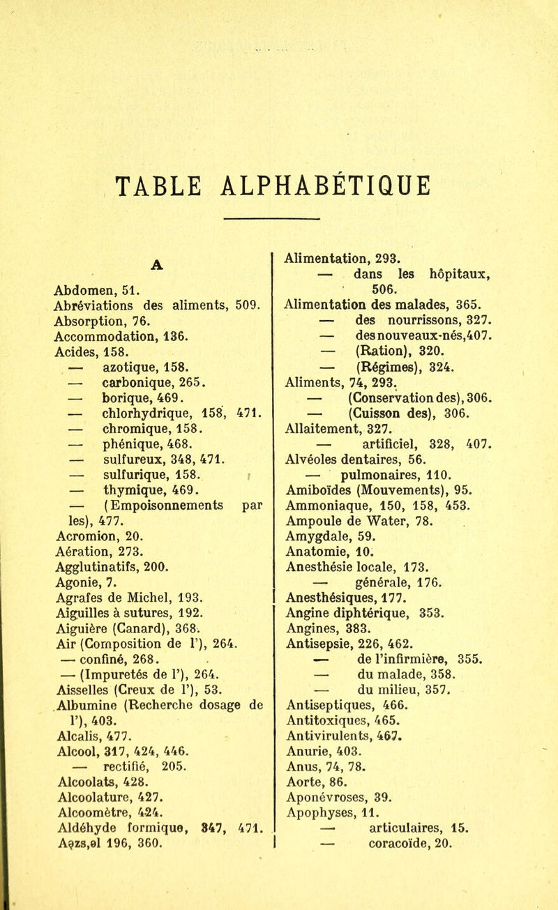 TABLE ALPHABETIQUE A Abdomen, 51. Abréviations des aliments, 509. Absorption, 76. Accommodation, 136. Acides, 158. — azotique, 158. — carbonique, 265. — borique, 469. — chlorhydrique, 158, 471. — chromique, 158. — phénique, 468. — sulfureux, 348, 471. — sulfurique, 158. — thymique, 469. — (Empoisonnements par les), 477. Acromion, 20. Aération, 273. Agglutinatifs, 200. Agonie, 7. Agrafes de Michel, 193. Aiguilles à sutures, 192. Aiguière (Canard), 368. Air (Composition de 1’), 264. — confiné, 268. — (Impuretés de 1’), 264. Aisselles (Creux de 1’), 53. Albumine (Recherche dosage de 1’), 403. Alcalis, 477. Alcool, 317, 424, 446. — rectifié, 205. Alcoolats, 428. Alcoolature, 427. Alcoomètre, 424. Aldéhyde formique, 347, 471. A$zs,el 196, 360. Alimentation, 293. — dans les hôpitaux, 506. Alimentation des malades, 365. — des nourrissons, 327. — desnouveaux-nés,407. — (Ration), 320. — (Régimes), 324. Aliments, 74, 293. — (Conservation des), 306. — (Cuisson des), 306. Allaitement, 327. — artificiel, 328, 407. Alvéoles dentaires, 56. — pulmonaires, 110. Amiboïdes (Mouvements), 95. Ammoniaque, 150, 158, 453. Ampoule de Water, 78. Amygdale, 59. Anatomie, 10. Anesthésie locale, 173. — générale, 176. Anesthésiques, 177. Angine diphtérique, 353. Angines, 383. Antisepsie, 226, 462. — de l’infirmière, 355. — du malade, 358. — du milieu, 357. Antiseptiques, 466. Antitoxiques, 465. Antivirulents, 467. Anurie, 403. Anus, 74, 78. Aorte, 86. Aponévroses, 39. Apophyses, 11. — articulaires, 15. I — coracoïde, 20.