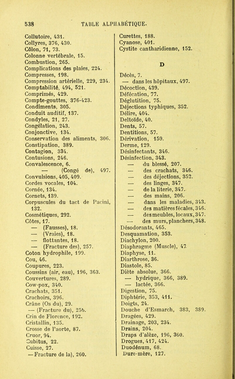 Collutoire, 431. Collyres, 376, 430. Côlon, 71, 73. Colonne vertébrale, 15. Combustion, 265. Complications des plaies, 224. Compresses, 198. Compression artérielle, 229, 234. Comptabilité, 494, 521. Comprimés, 429. Compte-gouttes, 376-423. Condiments, 305. Conduit auditif, 137. Condyles, 21, 27. Congélation, 243. Conjonctive, 134. Conservation des aliments, 306. Constipation, 389. Contagion, 334. Contusions, 246. Convalescence, 6. — (Congé de), 497. Convulsions, 405, 409. Cordes vocales, 104. Cornée, 134. Cornets, 139. Corpuscules du tact de Pacini, 132. Cosmétiques, 292. Côtes, 17. — (Fausses), 18. — (Vraies), 18. — flottantes, 18. — (Fracture des), 257. Coton hydrophile, 199. Cou, 46. Coupures, 223. Coussins (air, eau), 196, 363. Couvertures, 289. Cow-pox, 340. Crachats, 351. Crachoirs, 396. Crâne (Os du), 29. — (Fracture du), 256. Crin de Florence, 192. Cristallin, 135. Crosse de l’aorte, 87. Cruor, 94. Cubitus, 22. Cuisse, 27. — Fracture de la), 260. Curettes, 188. Cyanose, 401. Cystite cantharidienne, 152. D Décès, 7. — dans les hôpitaux, 497. Décoction, 439. Défécation, 77. Déglutition, 75. Déjections typhiques, 352. Délire, 404. Deltoïde, 40. Dents, 57. Dentitions, 57. Dérivation, 159. Derme, 129. Désinfectants, 346. Désinfection, 343. — du blessé, 207. — des crachats, 346. — des déjections, 352. — des linges, 347. — de la literie, 347. — des mains, 206. — dans les maladies, 343. — des matières fécales, 346. — desmeubles, locaux, 347. — des murs, planchers, 348. Désodorants, 465. Desquamation, 353. Diachylon, 200. Diaphragme (Muscle), 47. Diaphyse, 11. Diarthrose, 36. Diastole, 85. Diète absolue, 366. — hydrique, 366, 389. — lactée, 366. Digestion, 75. Diphtérie, 353, 411. Doigts, 24. Douche d’Esmarch, 383, 389. Dragées, 429. Drainage, 203, 234. Drains, 204. Draps d’alèze, 196, 360. Drogues, 417, 424. Duodénum, 68. Dure-mère, 127.