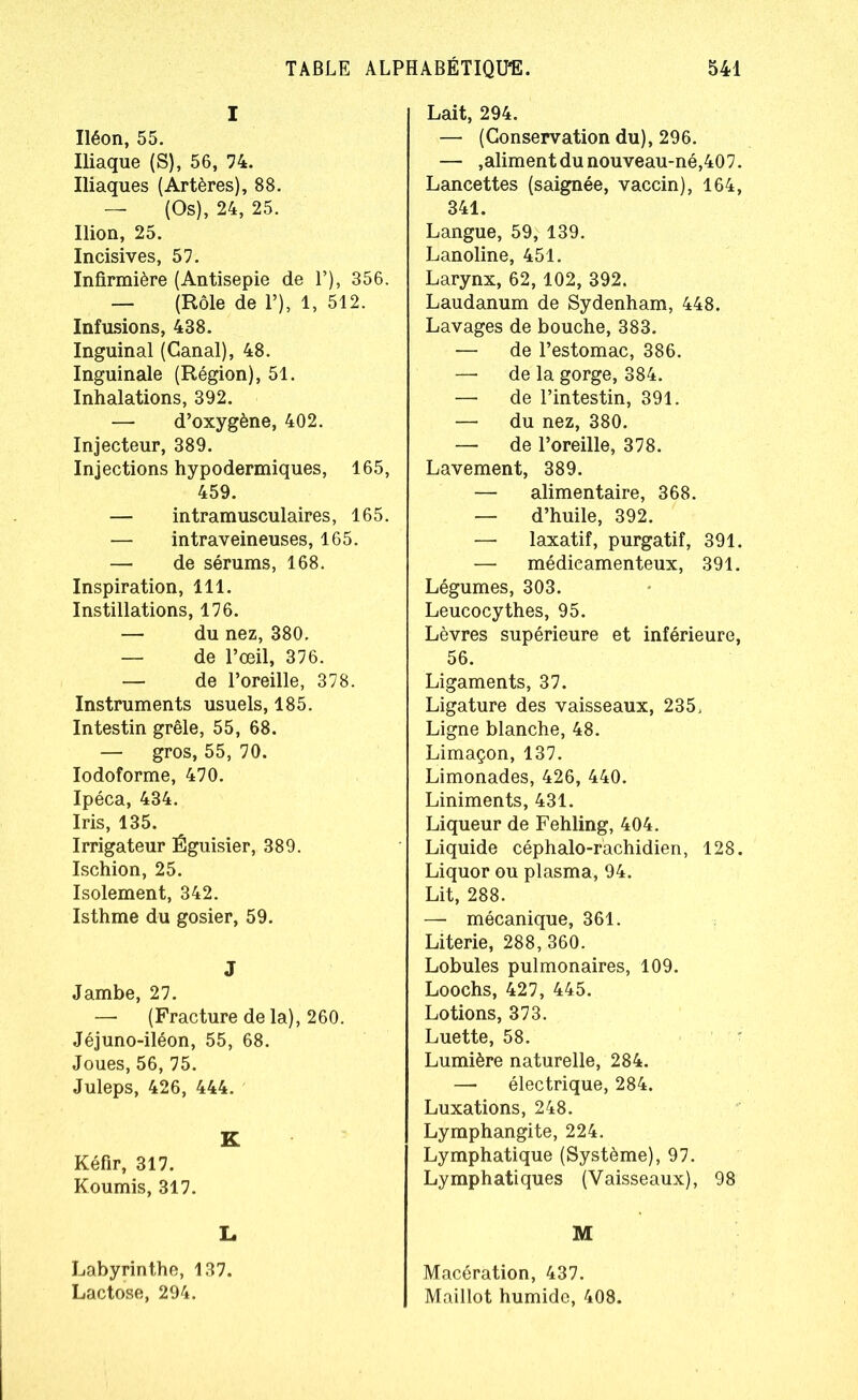 I Iléon, 55. Iliaque (S), 56, 74. Iliaques (Artères), 88. — (Os), 24, 25. Ilion, 25. Incisives, 57. Infirmière (Antisepie de P), 356. — (Rôle de F), 1, 512. Infusions, 438. Inguinal (Canal), 48. Inguinale (Région), 51. Inhalations, 392. — d’oxygène, 402. Injecteur, 389. Injections hypodermiques, 165, 459. — intramusculaires, 165. — intraveineuses, 165. — de sérums, 168. Inspiration, 111. Instillations, 176. — du nez, 380. — de l’œil, 376. — de l’oreille, 378. Instruments usuels, 185. Intestin grêle, 55, 68. — gros, 55, 70. Iodoforme, 470. Ipéca, 434. Iris, 135. Irrigateur Éguisier, 389. Ischion, 25. Isolement, 342. Isthme du gosier, 59. J Jambe, 27. — (Fracture de la), 260. Jéjuno-iléon, 55, 68. Joues, 56, 75. Juleps, 426, 444. K Kéfir, 317. Koumis, 317. L Labyrinthe, 137. Lactose, 294. Lait, 294. — (Conservation du), 296. — ,aliment du nouveau-né,407. Lancettes (saignée, vaccin), 164, 341. Langue, 59, 139. Lanoline, 451. Larynx, 62, 102, 392. Laudanum de Sydenham, 448. Lavages de bouche, 383. — de l’estomac, 386. — de la gorge, 384. — de l’intestin, 391. — du nez, 380. — de l’oreille, 378. Lavement, 389. — alimentaire, 368. — d’huile, 392. — laxatif, purgatif, 391. — médicamenteux, 391. Légumes, 303. Leucocythes, 95. Lèvres supérieure et inférieure, 56. Ligaments, 37. Ligature des vaisseaux, 235, Ligne blanche, 48. Limaçon, 137. Limonades, 426, 440. Liniments, 431. Liqueur de Fehling, 404. Liquide céphalo-rachidien, 128. Liquor ou plasma, 94. Lit, 288. — mécanique, 361. Literie, 288, 360. Lobules pulmonaires, 109. Loochs, 427, 445. Lotions, 373. Luette, 58. Lumière naturelle, 284. — électrique, 284. Luxations, 248. Lymphangite, 224. Lymphatique (Système), 97. Lymphatiques (Vaisseaux), 98 M Macération, 437. Maillot humide, 408.