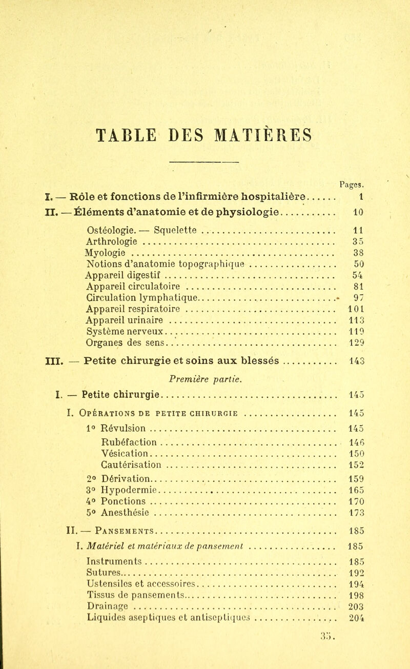 TABLE DES MATIERES Pages. I. — Rôle et fonctions de l’infirmière hospitalière 1 II. — Éléments d’anatomie et de physiologie 10 Ostéologie.— Squelette .. 11 Arthrologie 35 Myologie 38 Notions d’anatomie topographique 50 Appareil digestif 54 Appareil circulatoire 81 Circulation lymphatique * 97 Appareil respiratoire 101 Appareil urinaire 113 Système nerveux 119 Organes des sens. 129 III. — Petite chirurgie et soins aux blessés 143 Première partie. I. — Petite chirurgie 145 I. Opérations de petite chirurgie 145 1° Révulsion 145 Rubéfaction 146 Vésication 150 Cautérisation 152 2° Dérivation 159 3° Hypodermie 165 4° Ponctions 170 5° Anesthésie 173 II. — Pansements 185 I. Matériel et matériaux de pansement 185 Instruments 185 Sutures 192 Ustensiles et accessoires 194 Tissus de pansements 198 Drainage 203 Liquides aseptiques et antiseptiques 204