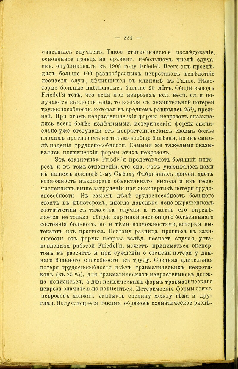 счастныхъ случаевъ. Такое статистическое изслѣдованіе, основанное правда на сравнит, небольшомъ числѣ случа- евъ, опубликовалъ въ 1908 году БТіесІеІ. Всего онъ прослѣ- дилъ больше 100 разнообразныхъ невротиковъ вслѣдствіе несчастн. случ., лѣчившихся въ клиникѣ въ Галле. Нѣко- торые больные наблюдались больше 20 лѣтъ. Общій выводъ ИгіесІеГя тотъ, что если при неврозахъ всл. несч. сл. и по- лучаются выздоровленія, то всегда съ значительной потерей трудоспособности, которая въ среднемъ равнялась 25% преж- ней. При этомъ неврастеническія формы неврозовъ оказыва- лись всего болѣе излѣчимыми, истерическія формы значи- ельно уже отступали отъ неврастеническихъ своимъ болѣе плохимъ прогнозомъ не только вообще болѣзни, ноивъ смыс- лѣ паденія трудоспособности. Самыми же тяжелыми оказы- вались психическія формы этихъ неврозовъ. Эта статистика РгіесІеГя представляетъ большой инте- ресъ и въ томъ отношеніи, что она, какъ указывалось нами въ нашемъ докладѣ 1-му Съѣзду Фабричныхъ врачей, даетъ возможность нѣкотораго объективнаго выхода и изъ пере- численныхъ выше затруденій при экокпертизѣ потери трудо- способности Въ самомъ дѣлѣ трудоспособность больного стоитъ въ нѣкоторомъ, иногда довольно ясно выраженномъ соотвѣтствіи съ тяжестью случая, а тяжесть его опредѣ- ляется не только общей картиной настоящаго болѣзненнаго состоянія больного, но и тѣми возможностями, которыя вы- текаютъ изъ прогноза. Поэтому разница прогноза въ зави- симости отъ формы невроза вслѣд. несчаст. случая, уста- новленная работой РгіесіеГя, можетъ приниматься экспер- томъ въ разсчетъ и при сужденіи о степени потери у дан- наго больного способности къ труду. Средняя длительная потеря трудоспособности всѣхъ травматическихъ невроти- ковъ (въ 25 «/о), для травматическихъ неврастениковъ долж- на понизиться, а для психическихъ формъ травматическаго невроза значительно повыситься. Истерическія формы этихъ неврозовъ должны занимать средину между тѣми и дру- гими. Получающееся такимъ образомъ схематическое раздѣ-