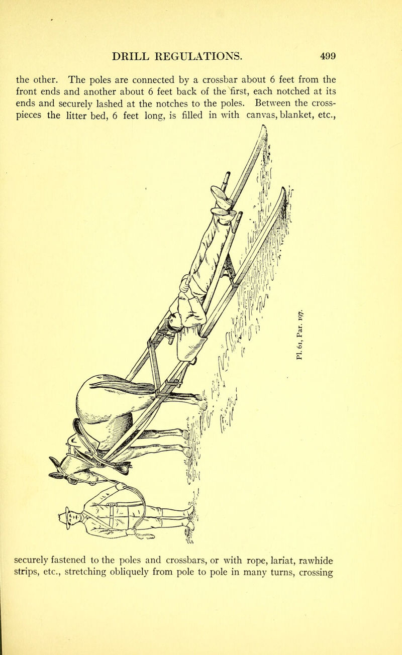the other. The poles are connected by a crossbar about 6 feet from the front ends and another about 6 feet back of the first, each notched at its ends and securely lashed at the notches to the poles. Between the cross- pieces the litter bed, 6 feet long, is filled in with canvas, blanket, etc., securely fastened to the poles and crossbars, or with rope, lariat, rawhide strips, etc., stretching obliquely from pole to pole in many turns, crossing