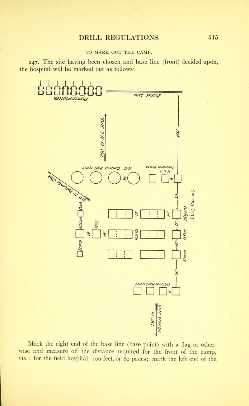 TO MARK OUT THE CAMP. 247. The site having been chosen and base line (front) decided upon, the hospital will be marked out as follows: Mark the right end of the base line (base point) with a flag or other- wise and measure off the distance required for the front of the camp, viz.: for the held hospital, 200 feet, or 80 paces; mark the left end of the Stores Office Dispens