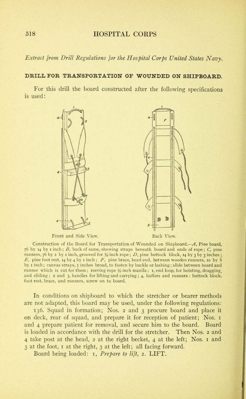 Extract jrom Drill Regulations for the Hospital Corps United States Navy. DRILL FOR TRANSPORTATION OF WOUNDED ON SHIPBOARD. For this drill the board constructed after the following specifications is used: Construction of the Board for Transportation of Wounded on Shipboard.—^, Pine board, 76 by 14 by i inch; B, back of same, showing straps beneath board and ends of rope; C, pine runners, 76 by 2 by i inch, grooved for ^-inch rope ; D, pine buttock block, 14 by 3 by 3 inches ; E, pine foot rest, 14 by 4 by i inch ; F, pine brace, head end, between wooden runners, 10 by 8 by I inch ; canvas straps, 5 inches broad, to fasten by buckle or lashing; slide between board and runner which is cut for them ; reeving rope %-inch manila ; i, end loop, for hoisting, dragging^ and sliding ; 2 and 3, handles for lifting and carrying ; 4, buffers and runners : buttock block, foot rest, brace, and runners, screw on to board. In conditions on shipboard to which the stretcher or bearer methods are not adapted, this board may be used, under the following regulations: 136. Squad in formation; Nos. 2 and 3 procure board and place it on deck, rear of squad, and prepare it for reception of patient; Nos. i and 4 prepare patient for removal, and secure him to the board. Board is loaded in accordance with the drill for the stretcher. Then Nos. 2 and 4 take post at the head, 2 at the right becket, 4 at the left; Nos. i and 3 at the foot, i at the right, 3 at the left; all facing forward. Board being loaded: i, Prepare to lift, 2. LIFT.