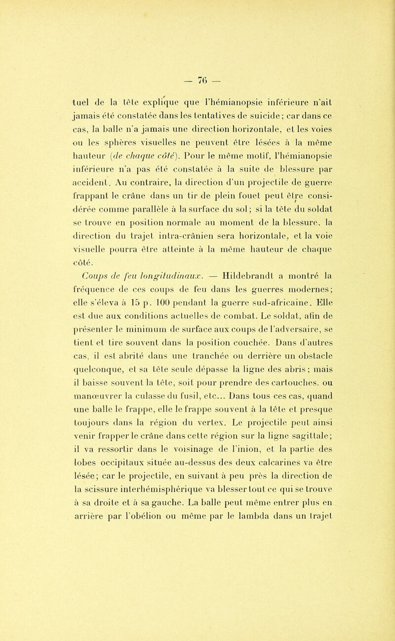tuel de la tèle explique que l’hémianopsie inférieure n’ait jamais été constatée dans les tentatives de suicide; car dans ce cas, la balle n’a jamais une direction horizontale, et les voies ou les sphères visuelles ne peuvent être lésées à la même hauteur {de chaque côté). Pour le même motif, l’hémianopsie inférieure n’a pas été constatée à la suite de blessure par accident. Au contraire, la direction d’un projectile de guerre frappant le crâne dans un tir de plein fouet peut être consi- dérée comme parallèle à la surface du sol; si la tête du soldat se trouve en position normale au moment de la blessure, la direction du trajet intra-crânien sera horizontale, et la voie visuelle pourra être atteinte à la même hauteur de chaque coté. Coups de feu longitudinaux. — Hildebrandt a montré la fréquence de ces coups de feu dans les guerres modernes; elle s’éleva à 15 p. 100 pendant la guerre sud-africaine. Elle est due aux conditions actuelles de combat. Le soldat, afin de présenter le minimum de surface aux coups de l’adversaire, se tient et tire souvent dans la position couchée. Dans d'autres cas, il est abrité dans une tranchée ou derrière un obstacle quelconque, et sa tête seule dépasse la ligne des abris ; mais il baisse souvent la tête, soit pour prendre des cartouches, ou manœuvrer la culasse du fusil, etc... Dans tous ces cas, quand une balle le frappe, elle le frappe souvent à la tête et prestjue toujours dans la région du vertex. Le projectile peut ainsi venir frapper le crâne dans cette région sur la ligne sagittale; il va ressortir dans le voisinage de l’inion, et la partie des lobes occipitaux située au-dessus des deux calcarines va être lésée; car le projectile, en suivant à peu près la direction de la scissure interhémisphérique va blesser tout ce qui se trouve à sa droite et à sa gauche. La balle peut même entrer plus en arrière par l’obélion ou même par le lambda dans un trajet