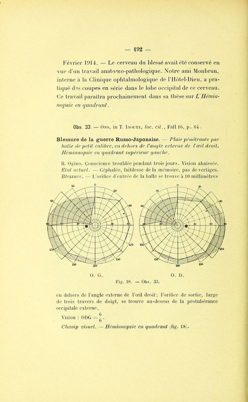 Février 1914. — Le cerveau du blessé avait été conservé en vue d’un travail anatomo-pathologique. Notre ami Monbrun, interne à la Clinique ophtalmologique de l’Hôtel-Dieu, a pra- tiqué des coupes en série dans le lobe occipital de ce cerveau. Ce travail paraîtra prochainement dans sa thèse sur L'Hémia- nopsie en quadrant. Obs. 33. — Ono, in T. Ix(3ur£, loc. cil., Fall 16, p. 64. Blessure de la guerre Russo-Japonaise. — Plaie'pénétrante par balle de petit calibre, en dehors de l’angle externe de l'œil droit. Hémianopsie en quadrant supérieur gauche. H. Ogino. Conscience troublée pendant trois jours. Vision abaissée. Etat actuel. —■ Céphalée, faiblesse delà mémoire, pas de vertiges. Blessure. — L’orifice d'enirée de la balle se trouve à 10 millimètres O. G. O. D. Fig. 18. — Obs. 33. en dehors de l’angle externe de l’œil droit; l’orilice de sortie, large de trois travers de doigt, se trouve au-dessus de la protubérance occipitale externe. Vision : ODG = |. Charnp visuel. — Hémianopsie en quadrant [fig. 18). I