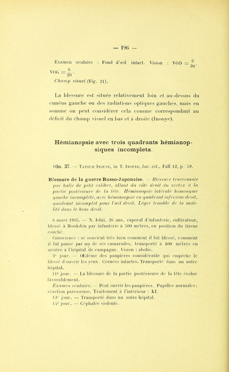 Examen oculaire ; Fond d’œil intact. Vision Champ visuel (Fig. 21). VOD = 30 La blessure est située relativement loin et au-dessus du cunéus gauche ou des radiations optiques gauches, mais en somme on peut consiilérer cela comme correspondant au déficil du champ visuel en bas et à droite (Inouye). Hémianopsie avec trois quadrants hémianop- siques incomplets. Obs. 37. — 3’atsiui Ixoiiye, in T. Inouïe, loc. cil., Fait 12, p. u9. Blessure de la guerre Russo-Japonaise. — Blessure traversaule par balle de pelil calibre, allaul du coté droit du veriex à la parlie postérieure de la. tête. Hémianopsie lalérale h.omouijme (fauche incomplète, avec hémianopsie en Cfuadranl inférieur droit, (piadrant incomplet pour l'œil droit. Léçfer trouble de la moti- lité dans le bras droit. b mars 1903. — N. Ishii, 26 ans, caporal d’infanterie, cultivateur, lilessé à .Moukden par infanterie à 300 mèires, en position du tireur couché. Conscience : se souvient très bien comment il fut blessé, comment il fut pansé par un de ses camarades, transporté à 400 mètres en arrière à l'bôpital de campagne. Vision : abolie. 3« jour. — OEdème des paupières considérable qui empêche le blessé d'onvi'ir les yeux. Cornées intactes. Transporté dans un autre hôpital. Il® jour. — La blessure de la partie postérieure de la tête évolue favorablement. Examen oculaire. — Peut ouvrir les paupières. Pupilles normales; réaction paresseuse. Traitement à l’intérieur : Kl. 13^ jour. — Transporté dans un autre hôpital. 14® jour. — Céphalée violente.