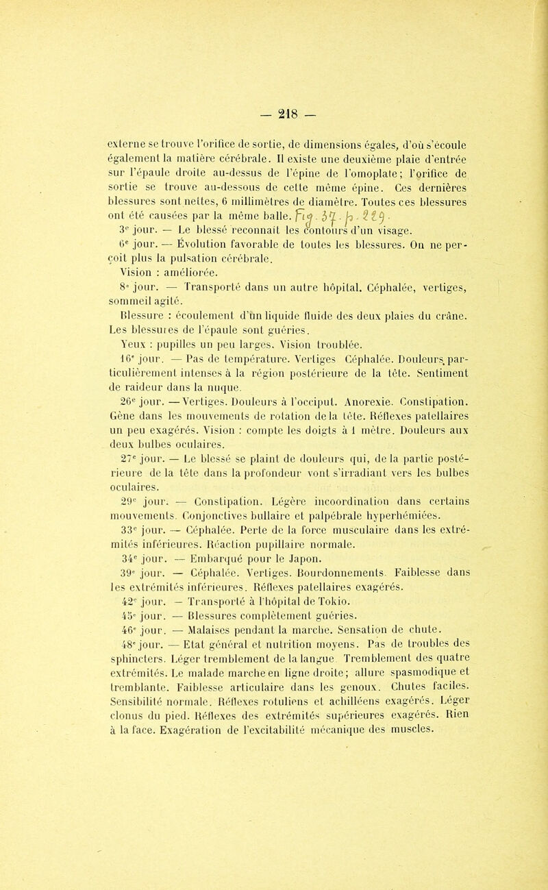 externe se trouve l’orifice de sortie, de dimensions égales, d’où s’écoule également la matière cérébrale. Il existe une deuxième plaie d’entrée sur l’épaule droite au-dessus de l’épine de l’omoplate; l’orifice de sortie se trouve au-dessous de cette même épine. Ces dernières blessures sont nettes, 6 millimètres de diamètre. Toutes ces blessures ont été causées par la même balle, fi^ ■ ■ 3'-’jour. — Le blessé reconnait les contours d’un visage. 6® jour. — Évolution favorable de toutes les blessures. On ne per- çoit plus la pulsation cérébrale. Vision ; améliorée. 8« jour. — Transporté dans un autre hôpital. Céphalée, vertiges, sommeil agité. Blessure : écoulement d’un liquide fluide des deux plaies du crâne. Les blessuies de l’épaule sont guéries. Yeux : pupilles un peu larges. Vision troublée. 16' jour. — Pas de température. Vertiges Céphalée. Douleurs,par- ticulièrement intenses à la région postérieure de la tête. Sentiment de raideur dans la nuque, 26“ jour. —Vertiges. Douleurs à l’occiput. Anorexie. Constipation. Gène dans les mouvements de rotation delà tête. Réflexes patellaires un peu exagérés. Vision : compte les doigts à 1 mètre. Douleurs aux deux bulbes oculaires. 27“ jour. — Le blessé se plaint de douleurs qui, delà partie posté- rieure de la tête dans la profondeur vont s’iri'adiant vers les bulbes oculaires. 29“ jour. — Constipation. Légère incoordination dans certains mouvements. Conjonctives bullaire et palpébrale hyperhémiées. 33“ jour. — Céphalée. Perte de la force musculaire dans les extré- mités inférieures. Réaction pupillaire normale. 34“ jour. — Embanjué pour le Japon. 39' jour. — Céphalée. Vertiges. Bourdonnements. Faiblesse dans les extrémités inférieures. Réflexes patellaires exagérés. 42“ jour. — Transporlé à l'hôpital de Tokio. 45' jour. — Blessures complètement guéries. 46'jour. — Malaises pendant la marche. Sensation de chute. 48'jour. — Etat général et nutrition moyens. Pas de troubles des sphincters. Léger tremblement de la langue ’Cremblement des quatre extrémités. Le malade marche en ligne droite; allure spasmodique et tremblante. Faiblesse articulaire dans les genoux. Chutes faciles. Sensibilité normale. Réflexes rotuliens et achilléens exagérés. Léger elonus du pied. Réflexes des extrémités supérieures exagérés. Rien à la face. Exagération de l’excitabilité mécanii[ue des muscles.