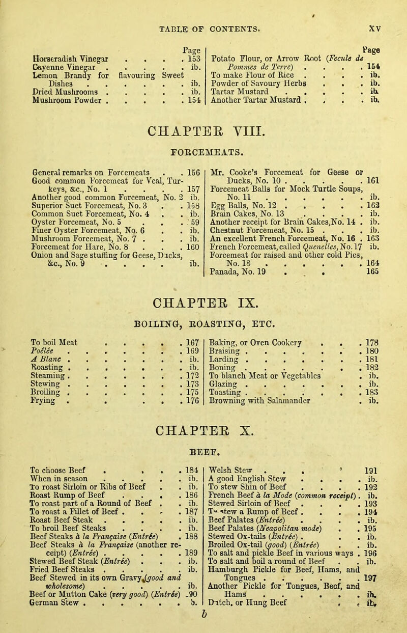 Horseradish Vinegar Page . . . . 153 Cayenne Vinegar . . . . ib. Lemon Brandy for flavoming Sweet Dishes . . . . ib. Dried Mushrooms . . . . . ib. Mushroom Powder . . . . . 154 Page Potato Flour, or Arrow Root {Fecule di Pommes de Terre) .... 154 To make Flour of Rice . . . . ib. Powder of Savoury Herbs . . . ib. Tartar Mustard iR Another Tartar Mustard . . . . ib. CHAPTEE VIII. POECEMEATS. General remarks on Forcemeats . .156 Good common Forcemeat for Veal, Tur- keys, &c., No. 1 . . . . 157 Another good common Forcemeat, No. 2 ib. Superior Suet Forcemeat, No. 3 . . 158 Common Suet Forcemeat, No. 4 . . ib. Oyster Forcemeat, N o. 5 . . . .' 59 Fmer Oyster Forcemeat, No. 6 . . ib. Mushi’oom Forcemeat, No. 7 . . . ib. Forcemeat for Hare, No. 8 . . . 160 Onion and Sage stuffing for Geese, Ducks, &c.. No. 9 . . . . ib. Mr. Cooke’s Forcemeat for Geese or Ducks, No. 10 161 Forcemeat Balls for Mock Turtle Soups, No. 11 ib. Egg Balls, No. 12 162 Brain Cakes, No. 13 . . . . ib. Another receipt for Brain Cakes,No. 14 . ib. Chestnut Forcemeat, No. 15 . . . ib. An excellent French Forcemeat, No. 16 . 163 French Forcemeat, called Quenelles, No. 17 ib. Forcemeat for raised and other cold Pies, No. 18 164 Panada, No. 19 . _ . 165 CHAPTEE IX. BOILINra. ROASTING. ETC. To bod Meat 167 Police 169 A Blanc ib. Roasting ib. Steaming 172 Stewing 173 Brofhng 175 Frying . . ... 176 Baking, or Oven Cookery , • Braising . . . , . . . 178 Larding . 181 Boning . 182 To blanch Meat or Vegetables . ib. Glazing Toasting . 183 Browning with Salamander . ib. CHAPTEE X. BEEF. To choose Beef . ... When in season To roast Sirloin or Ribs of Beef Roast Rump of Beef .... To roast part of a Round of Beef . To roast a FiUet of Beef .... Roast Beef Steak To broil Beef Steaks .... Beef Steaks h la Franfaise (Entr(e) Beef Steaks o la Franfaise (another re- ceipt) {Entree) 189 Stewed Beef Steak {Entree) . . . ib. Fried Beef Steaks ib. Beef Stewed in its own Gravy^fyood and wholesome) ib. Beef or Mutton Cake (very good) {Entr(e) .90 German Stew b. Welsh Stew ... ’ A good English Stew .... To stew Slun of Beef .... French Beef h la Mode {common receipt). Stewed Sirloin of Beef .... T“ stew a Rump of Beef .... .Beef Palates (Enfree) . . . . Beef Palates {Neapolitan mode) . . Stewed Ox-tails {Entree) . Broiled Ox-tail {good) {Entree) To salt and pickle Beef in various ways . To salt and boil a round of Beef Hamburgh Pickle for Beef, Hams, and Tongues Another Pickle for Tongues, Beef, and Hams Dutch, or Hung Beef , , h 184 ib. ib. 186 ib. 187 ib. ib. 188 191 ib. 192 ib. 193 194 ib. 195 ib. ib. 196 ib. 197 iK ibf