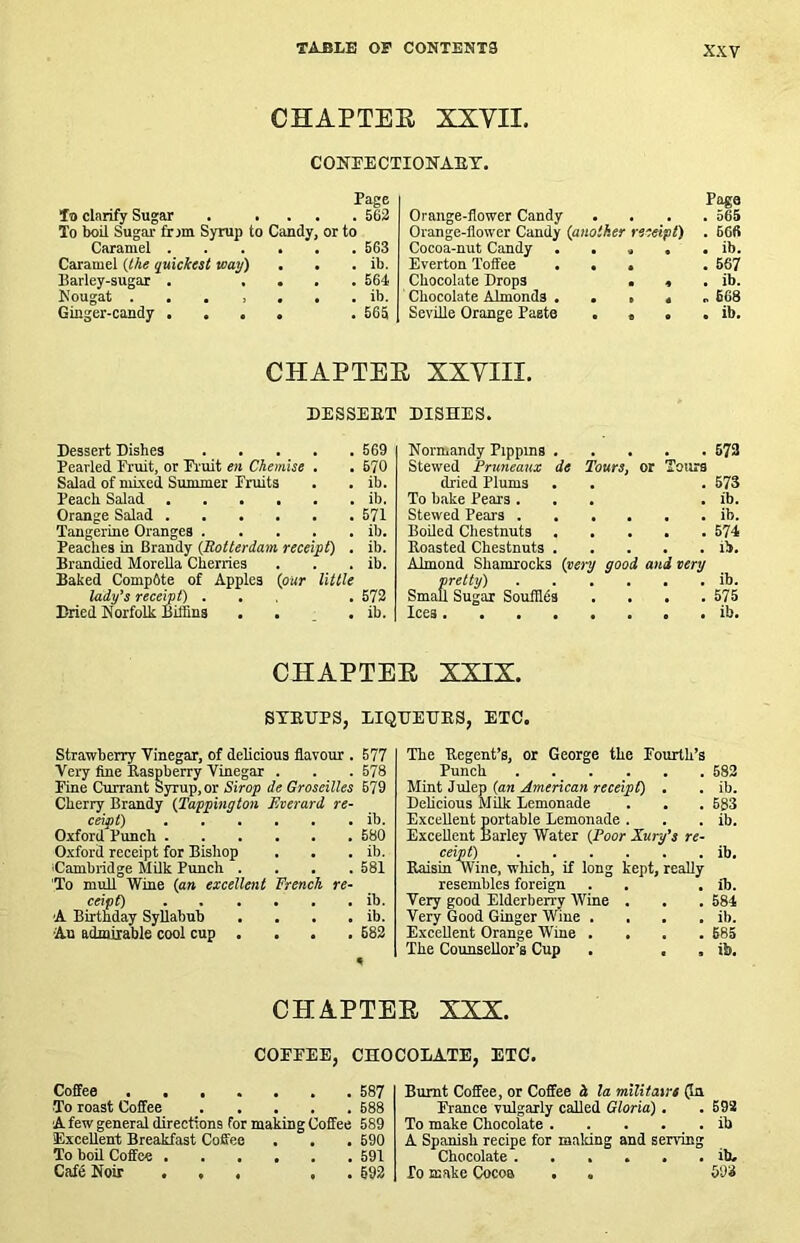 CHAPTEE XXVII. CONEECTIONABT. Page Page It) clarify Sugar . * . . . 562 Orange-flower Candy . . 565 To boil Sugar fr jm Syrup to Candy, or to Orange-flower Candy (another» eceipt) . 666 Caramel 563 Cocoa-nut Candy . . . • • ib. Caramel (the quickest way) . • ib. Everton Toffee . . . . 667 Barley-sugar . . . . . 564 Chocolate Drops . . . ib. Nougat ib. Chocolate Almonds . . . . „ 668 Ginger-candy .... 565 Seville Orange Paste . . • • ib. CHAPTEE XXVIII. DESSERT DISHES. Dessert Dishes 569 Normandy Pippins . . 672 Pearled Fruit, or Fruit en Chemise . 670 Stewed Pruneaux de Tours, or Tours Salad of mixed Summer Fruits ib. dried Plums . • . 573 Peach Salad ib. To bake Pears . . . ib. Orange Salad 571 stewed Pears .... • • ib. Tangerine Oranges ib. Boiled Chestnuts . • . . 574 Peaches in Brandy (Rotterdam receipt) . ib. Roasted Chestnuts . . . ib. Brandied Morelia Cherries ib. Almond Shamrocks (very good and very Baked Compdte of Apples (our little pretty) .... . . ib. lady^s receipt) ... 672 Small Sugar Soufllds . . 575 Dried Norfolk Biffins . . . ib. Ices . . ib. CHAPTEE XXIX. SYRUPS, LIQUEURS, ETC. Strawberry Vinegar, of delicious flavour . E77 Very fine Raspberry Vinegar . . . 578 Fine Currant Syrup, or Strop de Groseilles 579 Cherry Brandy (Tappington Everard re- ceipt) ib. Oxford Punch 680 Oxford receipt for Bishop . . . ib. 'Cambridge Milk Pimch .... 581 'To muR Wine (art excellent French re- ceipt) ib. A Birthday Syllabub . . . . ib. Au adnuiable cool cup .... 582 The Regent’s, or George the Fourth’s Punch Mint Julep (an American receipt) . DcMcious Milk Lemonade . . Excellent portable Lemonade . Excellent Barley Water (Poor Xurg’s re- ceipt) Raisin Wine, wliich, if long kept, really resembles foreign . . . Very good Elderben'y Wine . Very Good Ginger Wine .... Excellent Orange W’ine .... The Counsellor’s Cup , . , 582 ib. 583 ib. ib. ib. 584 ib. 585 ib. CHAPTEE XXX. COFFEE, CHOCOLATE. ETC. Coffee 587 To roast Coffee 688 A few general directions for making Coffee 589 Excellent Breakfast Coffee . . , 690 To boil Coffee 591 Cafd Noir ... , . 592 Burnt Coffee, or Coffee i la militant 0n France vulgarly called Gloria), . 598 To make Chocolate . . . . . ib A Spanish recipe for making and serving Chocolate ib. To make Cocoa . . &9i