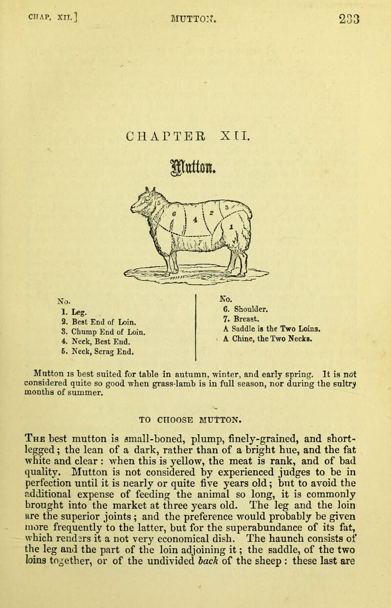CHAPTER XII. Mutton IS best suited for table in autumn, winter, and early spring. It is not considered quite so good when grass-lamb is in full season, nor during the sultry months of summer. TO CHOOSE MUTTON. The best mutton is small-boned, plump, finely-grained, and short- legged ; the lean of a dark, rather than of a bright hue, and the fat white and clear : when this is yellow, the meat is rank, and of bad quality. Mutton is not considered by experienced judges to be in perfection until it is nearly or quite five years old; but to avoid the additional expense of feeding the animal so long, it is commonly brought into the market at three years old. The leg and the loin are the superior joints ; and the preference would probably be given more frequently to the latter, but for the superabundance of its fat, which renders it a not very economical dish. The haunch consists of the leg and the part of the loin adjoining it; the saddle, of the two loins together, or of the undivided back of the sheep : these last are