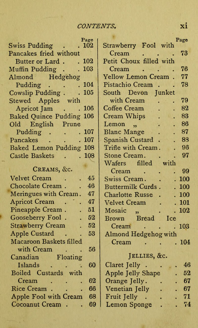 Page Page Swiss Pudding 102 Strawberry Fool with Pancakes fried without Cream 73 Butter or Lard . 102 Petit Choux filled with Muffin Pudding . 103 Cream 76 Almond Hedgehog Yellow Lemon Cream . 77 Pudding . 104 Pistachio Cream 78 Cowslip Pudding . 105 South Devon Junket Stewed Apples with with Cream . 79 Apricot Jam 106 Coffee Cream 82 Baked Quince Pudding 106 Cream Whips . 83 Old English Prune Lemon „ 86 Pudding . 107 Blanc Mange 87 Pancakes 107 Spanish Custard 83 Baked Lemon Pudding 108 Trifle with Cream 96 Castle Baskets 108 Stone Cream. 97 v? Wafers filled with Creams, &c. Cream , 99 Velvet Cream 45 Swiss Cream. 100 Chocolate Cream . 46 Buttermilk Curds 100 Meringues with Cream. 47 Charlotte Russe 100 Apricot Cream . ' . 47 Velvet Cream 101 Pineapple Cream . 51 Mosaic „ 102 Gooseberry Fool . 52 Brown Bread Ice Strawberry Cream . 52 Cream . . . 103 Apple Custard . . 53 Almond Hedgehog with Macaroon Baskets filled Cream . 104 with Cream 56 Canadian Floating Jellies, &c. Islands 60 Claret Jelly . . 46 Boiled Custards with Apple Jelly Shape . 52 Cream 62 Orange Jelly. . 67 Rice Cream . 66 Venetian Jelly . 67 Apple Fool with Cream 68 Fruit Jelly . . 71 Cocoanut Cream . 69 Lemon Sponge . 74