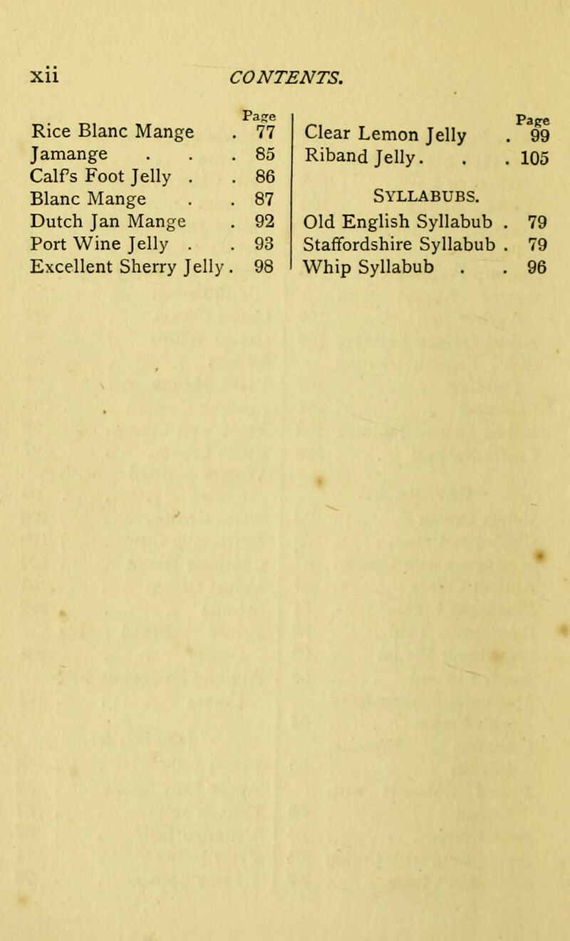 Rice Blanc Mange P ag:e . 77 Jamange . 85 Calfs Foot Jelly . . 86 Blanc Mange . 87 Dutch Jan Mange . 92 Port Wine Jelly . . 93 Excellent Sherry Jelly. 98 Clear Lemon Jelly . 99 Riband Jelly. . . 105 Syllabubs. Old English Syllabub . 79 Staffordshire Syllabub . 79 Whip Syllabub . . 96