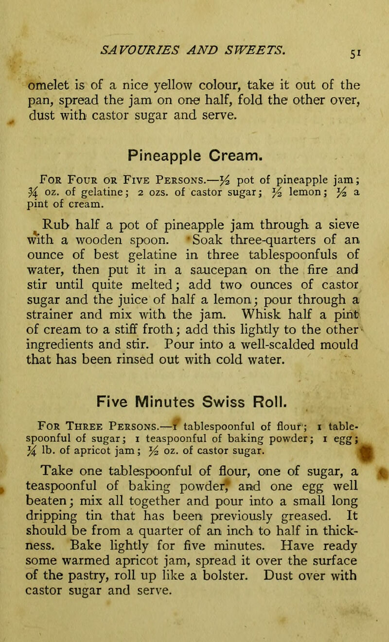 S' omelet is of a nice yellow colour, take it out of the pan, spread the jam on one half, fold the other over, dust with castor sugar and serve. Pineapple Cream. For Four or Five Persons.—pot of pineapple jam; %. oz. of gelatine; 2 ozs. of castor sugar; J4 lemon; a pint of cream. Rub half a pot of pineapple jam through a sieve with a wooden spoon. ‘Soak three-quarters of an ounce of best gelatine in three tablespoonfuls of water, then put it in a saucepan on the fire and stir until quite melted; add two ounces of castor sugar and the juice of half a lemon; pour through a strainer and mix with the jam. Whisk half a pint of cream to a stiff froth; add this lightly to the other • ingredients and stir. Pour into a well-scalded mould that has been rinsed out with cold water. Five Minutes Swiss Roll. For Three Persons.—1 tablespoonful of flour ; 1 table- spoonful of sugar; 1 teaspoonful of baking powder; 1 egg; % lb. of apricot jam; oz. of castor sugar. Take one tablespoonful of flour, one of sugar, a teaspoonful of baking powder* and one egg well beaten; mix all together and pour into a small long dripping tin that has been previously greased. It should be from a quarter of an inch to half in thick- ness. Bake lightly for five minutes. Have ready some warmed apricot jam, spread it over the surface of the pastry, roll up like a bolster. Dust over with castor sugar and serve.