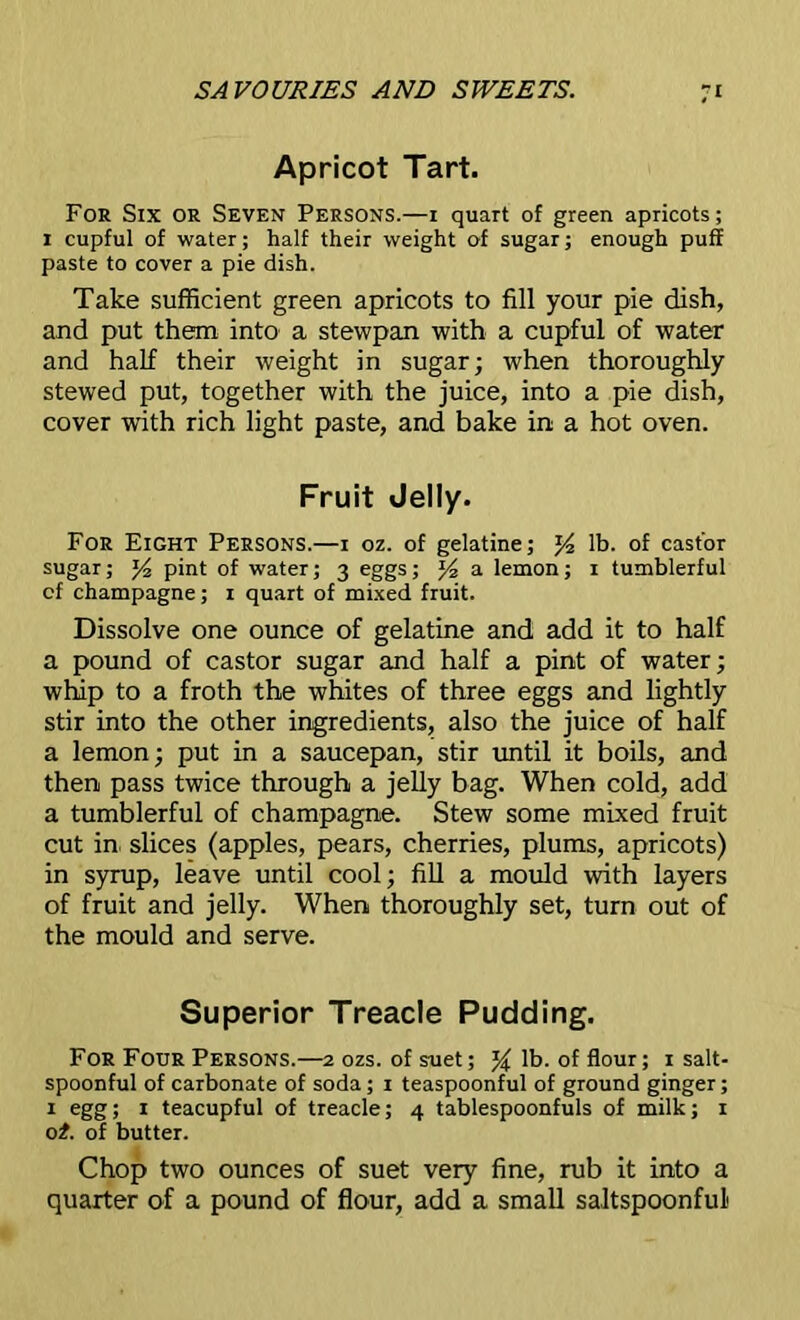 Apricot Tart. For Six or Seven Persons.—i quart of green apricots; i cupful of water; half their weight of sugar; enough puff paste to cover a pie dish. Take sufficient green apricots to fill your pie dish, and put them into a stewpan with a cupful of water and half their weight in sugar; when thoroughly stewed put, together with the juice, into a pie dish, cover with rich light paste, and bake in a hot oven. Fruit Jelly. For Eight Persons.—i oz. of gelatine; J4 lb. of castor sugar; % pint of water; 3 eggs; Yt a lemon; 1 tumblerful of champagne; 1 quart of mixed fruit. Dissolve one ounce of gelatine and add it to half a pound of castor sugar and half a pint of water; whip to a froth the whites of three eggs and lightly stir into the other ingredients, also the juice of half a lemon; put in a saucepan, stir until it boils, and then pass twice through a jelly bag. When cold, add a tumblerful of champagne. Stew some mixed fruit cut in slices (apples, pears, cherries, plums, apricots) in syrup, leave until cool; fill a mould with layers of fruit and jelly. When thoroughly set, turn out of the mould and serve. Superior Treacle Pudding. For Four Persons.—2 ozs. of suet; % lb. of flour; 1 salt- spoonful of carbonate of soda; 1 teaspoonful of ground ginger; 1 egg; 1 teacupful of treacle; 4 tablespoonfuls of milk; 1 ot. of butter. Chop two ounces of suet very fine, rub it into a quarter of a pound of flour, add a small saltspoonful