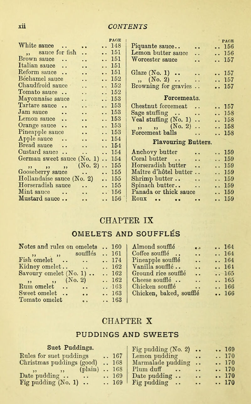 PACE | TARE White sauce .. 148 Piquante sauce.. .. 156 ,, sauce for fish .. 151 Lemon butter sauce .. .. 156 Brown sauce .. 151 Worcester sauce .. 157 Italian sauce .. .. 151 Reform sauce .. .. 151 Glaze (No. 1) .. .. 157 Bechamel sauce .. 152 „ (No. 2) .. Browning for gravies .. .. 157 Chaudfroid sauce .. 152 .. 157 Tomato sauce .. . . 152 Mayonnaise sauce .. 153 Forcemeats. Tartare sauce .. .. 153 Chestnut forcemeat .. .. 157 Jam sauce .. 153 Sage stuffing .. .. 158 Lemon sauce .. .. 153 Veal stuffing (No. 1) .. ..158 Orange sauce .. .. 153 „ „ (No. 2).. .. 158 Pineapple sauce .. 153 Forcemeat balls .. 158 Apple sauce Bread sauce .. 154 .. 154 Flavouring Butters. Custard sauce .. .. 154 Anchovy butter .. 159 German sweet sauce (No. 1) .. 154 Coral butter .. 159 (No. 2) .. 155 Horseradish butter .. 159 Gooseberry sauce .. 155 Maitre d’hOtel butter .. .. 159 Hollandaise sauce (N o. 2) .. 155 Shrimp butter .. .. 159 Horseradish sauce .. 155 Spinach butter.. .. 159 Mint sauce . , .. 156 Panada or thick sauce .. 159 Mustard sauce .. , • .. 156 Roux .. .. .. CHAPTER IX OMELETS AND SOUFFLES Notes and rules on omelets .. 160 Almond souffl6 . .. 164 ,, ,, souffles .. 161 Coffee souffle .. .. 164 Fish omelet .. 174 Pineapple souffle .. 164 Kidney omelet .. 162 Vanilla souffle .. .. 161 Savoury omelet (No. 1) .. .. 162 Ground rice souffle .. 165 ,, ,, (No. 2) .. 162 Cheese souffle .. 165 Rum omelet ..163 Chicken souffle .. 166 Sweet omelet .. 163 Chicken, baked, souffle .. 166 Tomato omelet „. .. 163 CHAPTER X PUDDINGS AND SWEETS Suet Puddings. Fig pudding (No. 2) .. .. 169 Rules for suet puddings .. 167 Lemon pudding .. 170 Christmas puddings (good) .. 168 Marmalade pudding .. .. 170 „ ,, (plain) .. 168 Plum duff .. 170 Date pudding .. 169 Date pudding .. 170 Fig pudding (No. 1) .. .. 169 Fig pudding .. .. 170