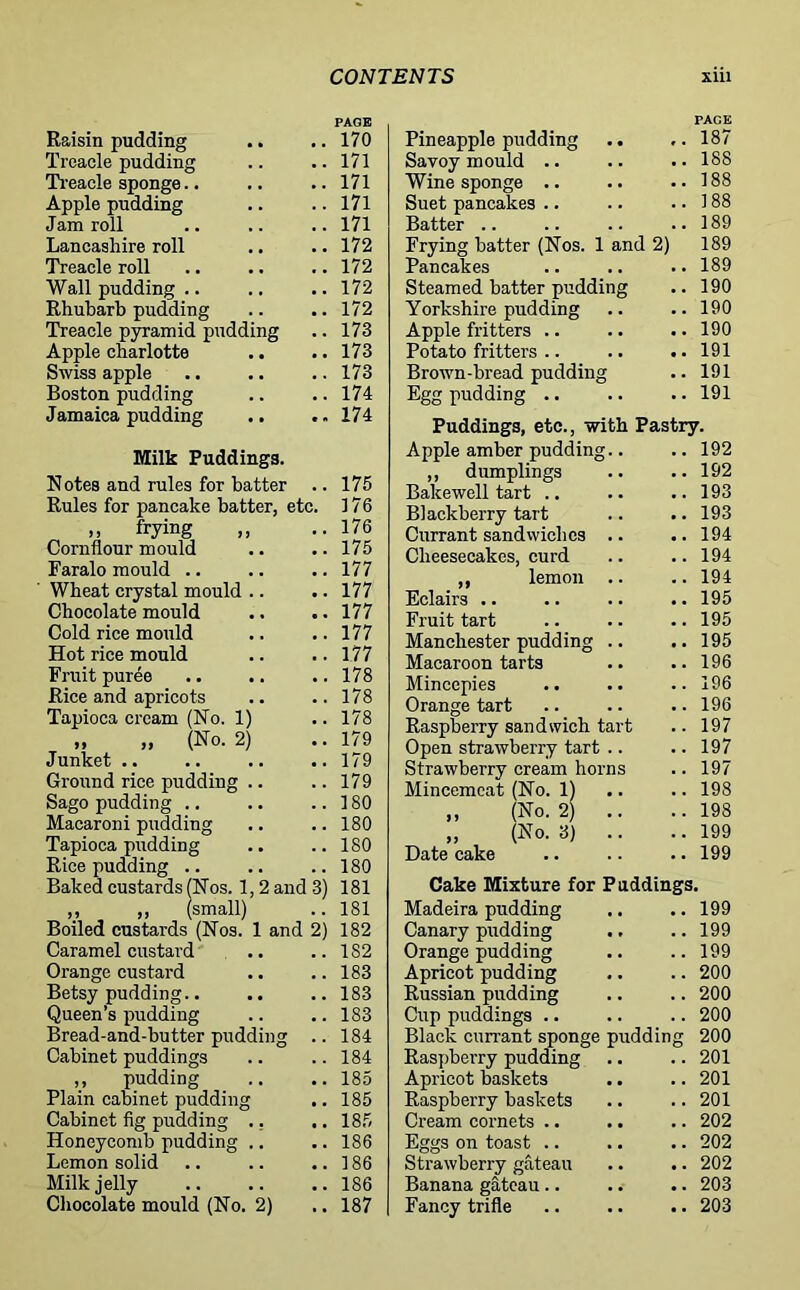 Raisin pudding .. Treacle pudding Treacle sponge Apple pudding Jam roll Lancashire roll Treacle roll Wall pudding .. Rhubarb pudding Treacle pyramid pudding Apple charlotte Swiss apple Boston pudding Jamaica pudding Milk Puddings. N otes and rules for batter .. Rules for pancake batter, etc. ,, frying „ Cornflour mould Faralo mould Wheat crystal mould .. Chocolate mould Cold rice mould Hot rice mould Fruit puree Rice and apricots Tapioca cream (No. 1) » „ (No. 2) Junket .. Ground rice pudding .. Sago pudding .. Macaroni pudding Tapioca pudding Rice pudding Baked custards (Nos. 1, 2 and 3) ,, „ (small) Boiled custards (Nos. 1 and 2) Caramel custard Orange custard Betsy pudding.. Queen’s pudding Bread-and-butter pudding .. Cabinet puddings ,, pudding Plain cabinet pudding Cabinet fig pudding ., .. Honeycomb pudding .. Lemon solid Milk jelly Chocolate mould (No. 2) PACE Pineapple pudding .. 187 Savoy mould .. .. 188 Wine sponge .. .. 188 Suet pancakes .. ..188 Batter .. 189 Frying batter (Nos. 1 and 2) 189 Pancakes .. 189 Steamed batter pudding .. 190 Yorkshire pudding .. 190 Apple fritters .. .. 190 Potato fritters .. 191 Brown-bread pudding .. 191 Egg pudding .. .. 191 Puddings, etc., with Pastry. Apple amber pudding.. .. 192 ,, dumplings Bakewell tart .. 192 .. 193 Blackberry tart .. 193 Currant sandwiches .. .. 194 Cheesecakes, curd .. 194 ,, lemon .. .. 194 Eclairs .. .. 195 Fruit tart .. 195 Manchester pudding .. .. 195 Macaroon tarts .. 196 Mincepies .. 196 Orange tart .. 196 Raspberry sandwich tart .. 197 Open strawberry tart .. .. 197 Strawberry cream horns .. 197 Mincemeat (No. 1) .. 198 „ (No. 2) .. .. 198 „ (No. 3) .. .. 199 Date cake .. 199 Cake Mixture for Puddings. Madeira pudding .. 199 Canary pudding .. 199 Orange pudding .. 199 Apricot pudding .. 200 Russian pudding .. 200 Cup puddings .. .. 200 Black currant sponge pudding 200 Raspberry pudding .. 201 Apricot baskets .. 201 Raspberry baskets .. 201 Cream cornets .. .. 202 Eggs on toast .. 202 Strawberry gateau .. 202 Banana gateau.. .. 203 Fancy trifle .. 203 PAGE 170 171 171 171 171 172 172 172 172 173 173 173 174 174 175 176 176 175 177 177 177 177 177 178 178 178 179 179 179 180 180 180 180 181 181 182 1S2 183 183 183 184 184 185 185 185 186 186 186 187