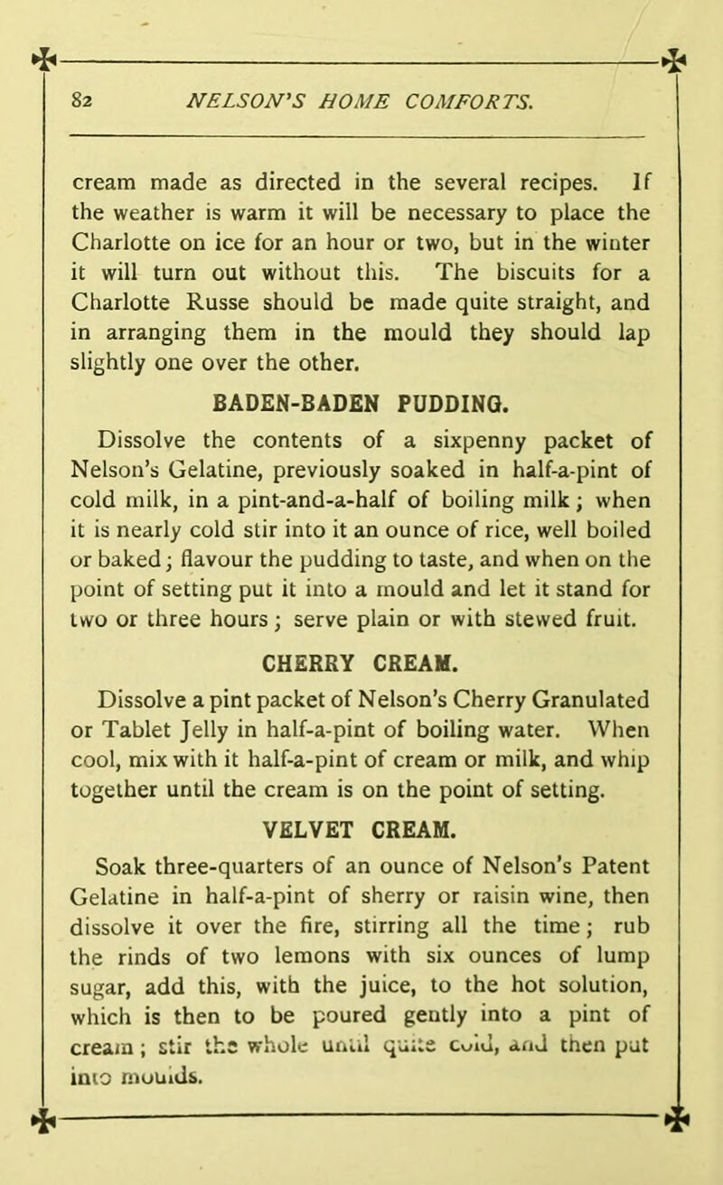 cream made as directed in the several recipes. If the weather is warm it will be necessary to place the Charlotte on ice for an hour or two, but in the winter it will turn out without this. The biscuits for a Charlotte Russe should be made quite straight, and in arranging them in the mould they should lap slightly one over the other, BADEN-BADEN PUDDING. Dissolve the contents of a sixpenny packet of Nelson’s Gelatine, previously soaked in half-a-pint of cold milk, in a pint-and-a-half of boiling milk; when it is nearly cold stir into it an ounce of rice, well boiled or baked; flavour the pudding to taste, and when on the point of setting put it into a mould and let it stand for two or three hours; serve plain or with stewed fruit. CHERRY CREAM. Dissolve a pint packet of Nelson’s Cherry Granulated or Tablet Jelly in half-a-pint of boiling water. When cool, mix with it half-a-pint of cream or milk, and whip together until the cream is on the point of setting. VELVET CREAM. Soak three-quarters of an ounce of Nelson’s Patent Gelatine in half-a-pint of sherry or raisin wine, then dissolve it over the fire, stirring all the time; rub the rinds of two lemons with six ounces of lump sugar, add this, with the juice, to the hot solution, which is then to be poured gently into a pint of cream; stir the whole until quite coiu, and then put into moulds.