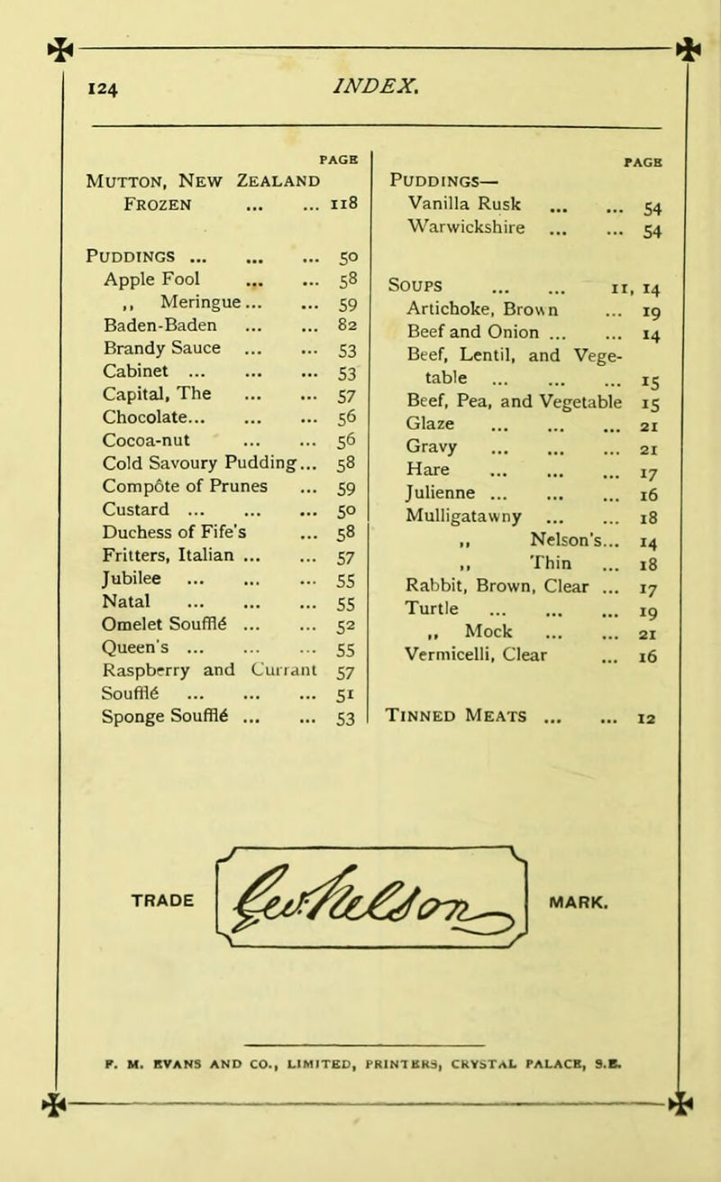 PAGE Mutton, New Zealand Frozen 118 Puddings 50 Apple Fool S8 ,, Meringue 59 Baden-Baden 82 Brandy Sauce S3 Cabinet S3 Capital, The 57 Chocolate 56 Cocoa-nut 56 Cold Savoury Pudding... 58 Compote of Prunes 59 Custard 5° Duchess of Fife’s 58 Fritters, Italian 57 Jubilee 55 Natal 55 Omelet Souffle 52 Queen’s 55 Raspberry and Currant 57 Souffle 51 Sponge Souffle S3 PAGE Puddings— Vanilla Rusk 54 Warwickshire ... ... 54 Soups n, 14 Artichoke, Brown ... 19 Beef and Onion 14 Beef, Lentil, and Vege- table 15 Beef, Pea, and Vegetable 15 Glaze 21 Gravy 21 Hare 17 Julienne 16 Mulligatawny 18 ,, Nelson’s... 14 ,, Thin ... 18 Rabbit, Brown, Clear ... 17 Turtle 19 ,, Mock 21 Vermicelli, Clear ... i6 Tinned Meats 12 TRADE P. M. EVANS AND CO., LIMITED, FEINT EHS, CKYSTaL PALACE, 9.B.