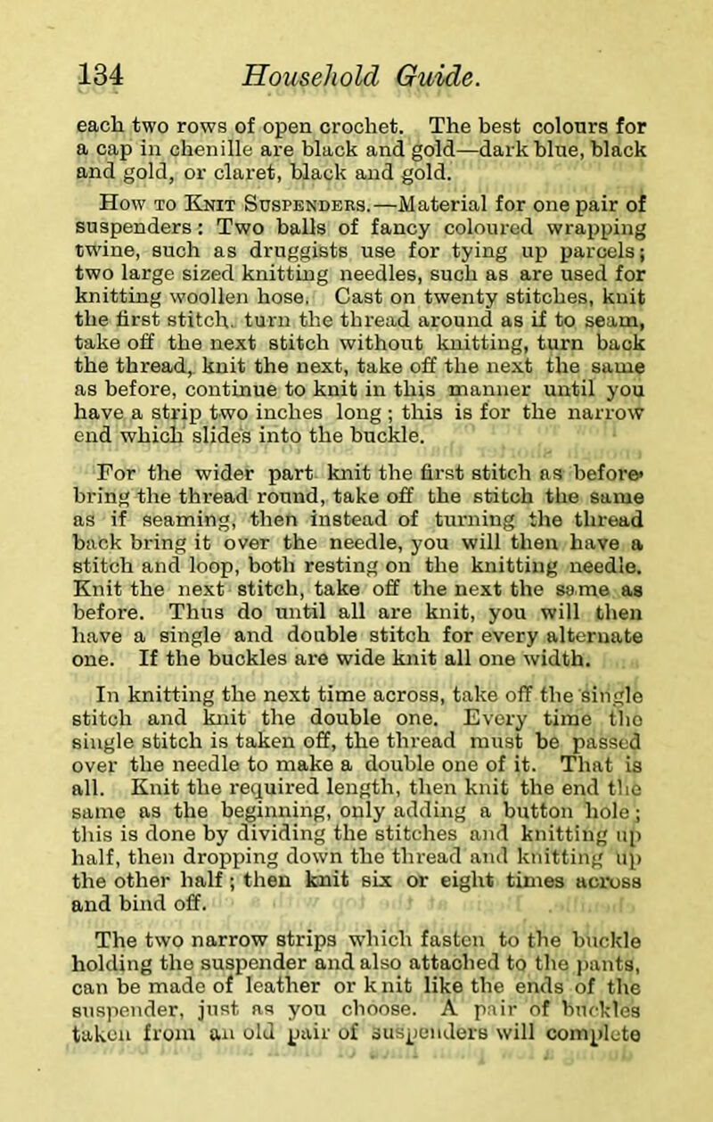 each two rows of open crochet. The best colours for a cap in chenille are black and gold—dark blue, black and gold, or claret, black and gold. How TO Knit Suspenders.—Material for one pair of suspenders: Two balls of fancy coloured wraijping twine, such as druggists use for tying up parcels; two large sized knitting needles, such as are used for knitting woollen hose. Cast on twenty stitches, knit the first stitch, turn the thread around as if to seam, take off the next stitch without Imitting, turn back the thread, knit the next, take off the next the same as before, continue to knit in this manner until you have a strip two inches long ; this is for the narrow end which slides into the buckle. For the wider part, knit the first stitch as before* bring the thread round, take off the stitch the same as if seaming, then instead of turning the thread back bring it over the needle, you will then have a stitch and loop, both resting on the knitting needle. Knit the next stitch, take off the next the same as before. Thus do until all are knit, you will then have a single and double stitch for every alternate one. If the buckles are wide knit all one width. In knitting the next time across, take off the single stitch and knit the double one. Every time the single stitch is taken off, the thread must be passed over the needle to make a double one of it. That is all. Knit the required length, then knit the end the same as the beginning, only adding a button holej this is done by dividing the stitches and knitting up half, then dropping down the thread and knitting up the other half; then knit six or eight times across and bind off. The two narrow strips which fasten to the buckle holding the suspender and also attached to the ))ants, can be made of leather or k nit like the ends of the suspender, just as you choose. A pair of buckles taken from an old pair of suspenders will complete